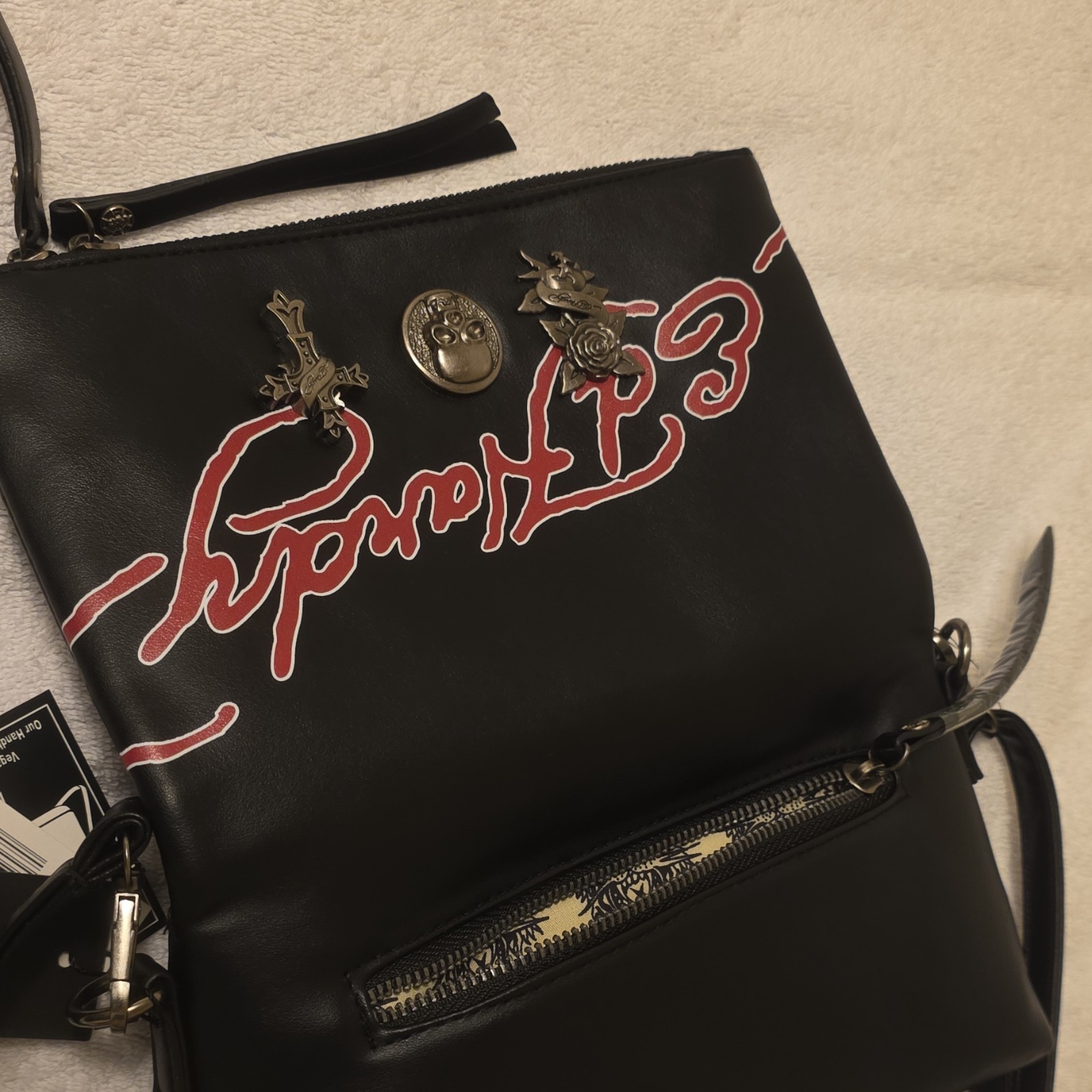 Ed Hardy Black/Red Logo Skull Crossbody Bag Zip, Detachable Strap Pockets