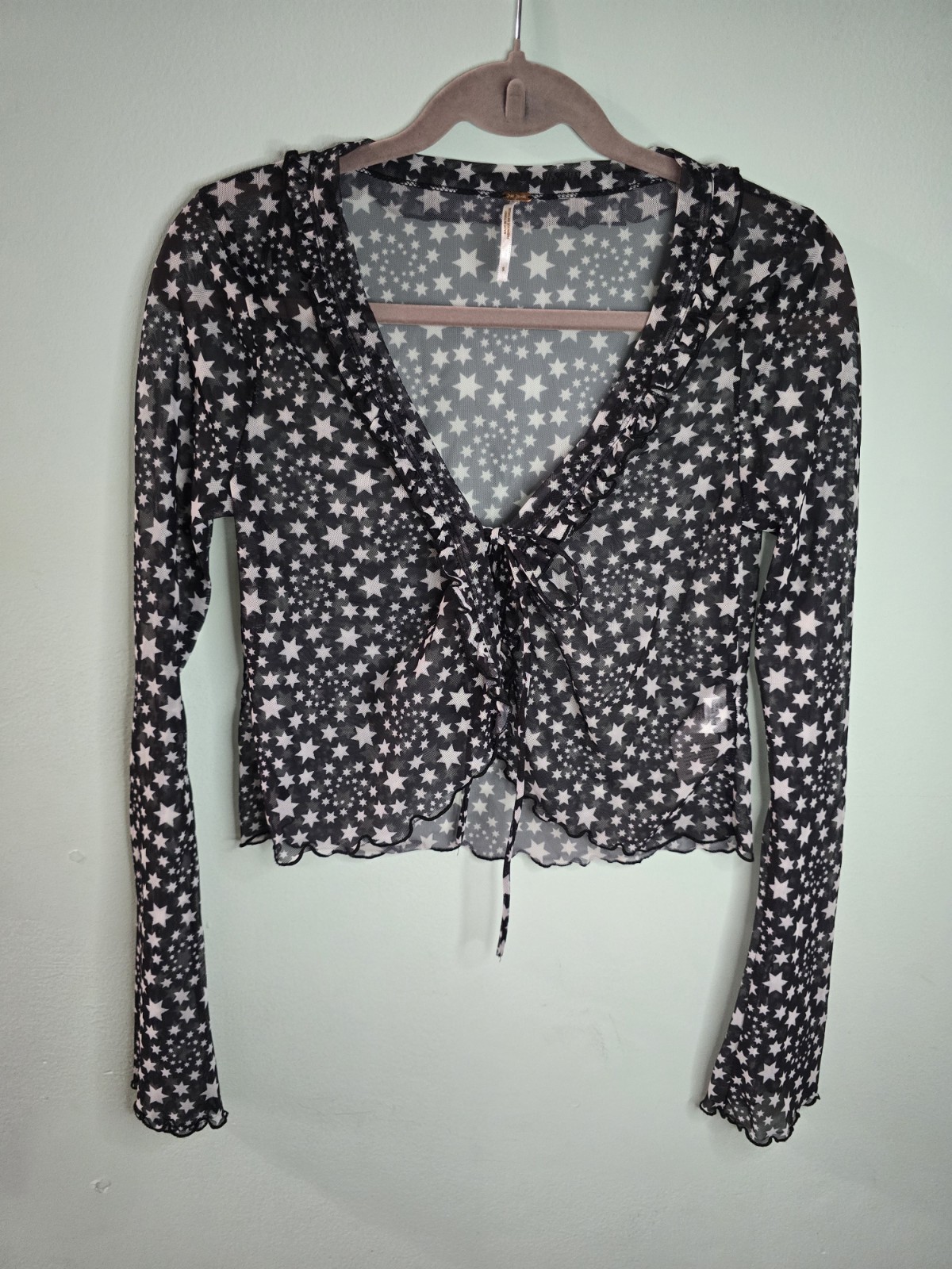 FREE PEOPLE Sheer mesh Black White Star Print Front Tie Marne Top Women’s Size S