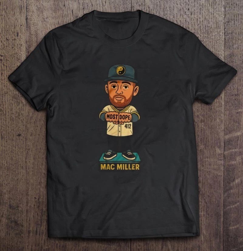Mac Miller Most Dope Bobblehead Cartoon Baseball 412 Tribute T-Shirt S-5XL