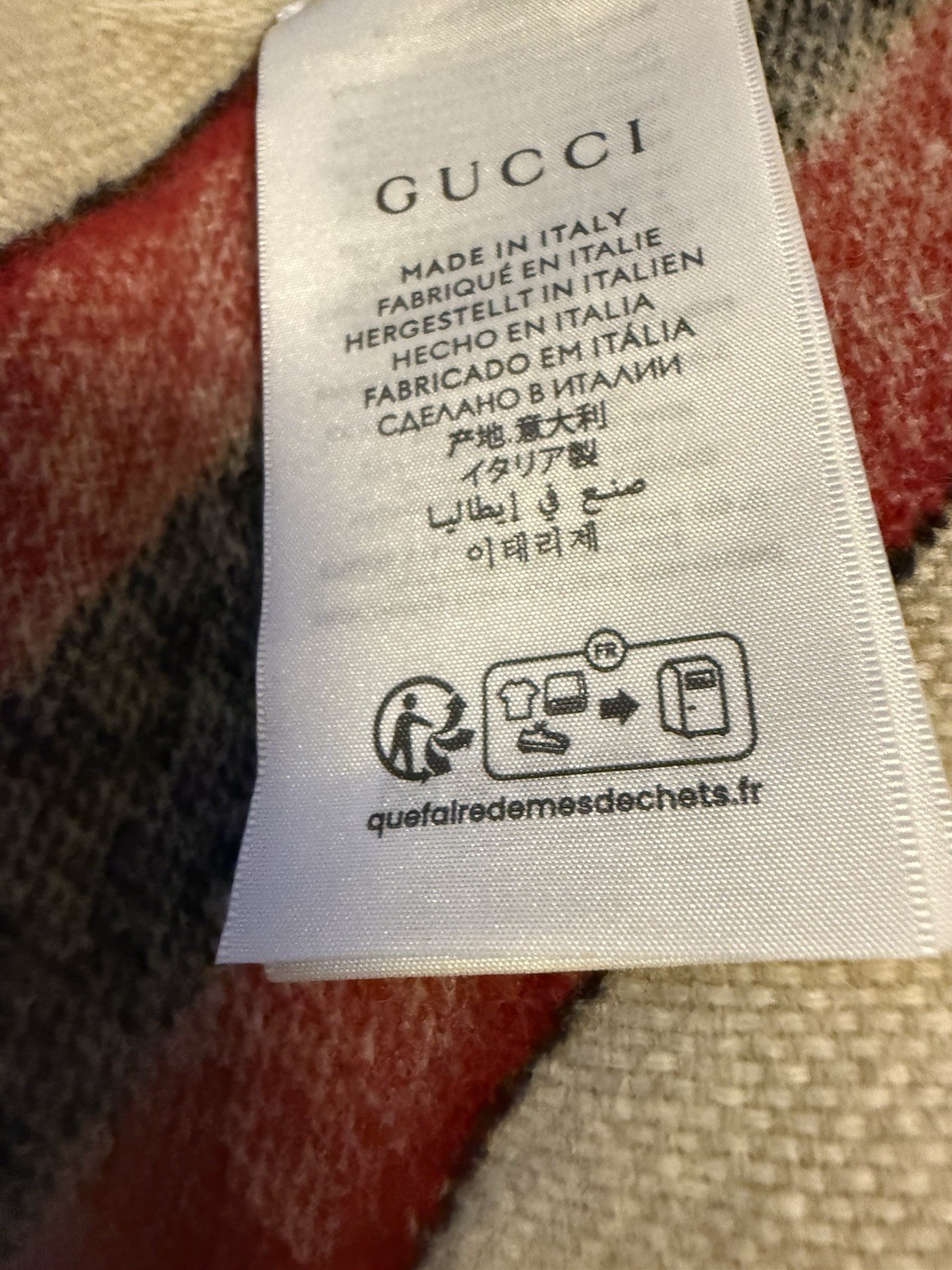 Gucci Wool Knit Logo Fringe Rectangle Scarf Beige Red Blue 190x37cm