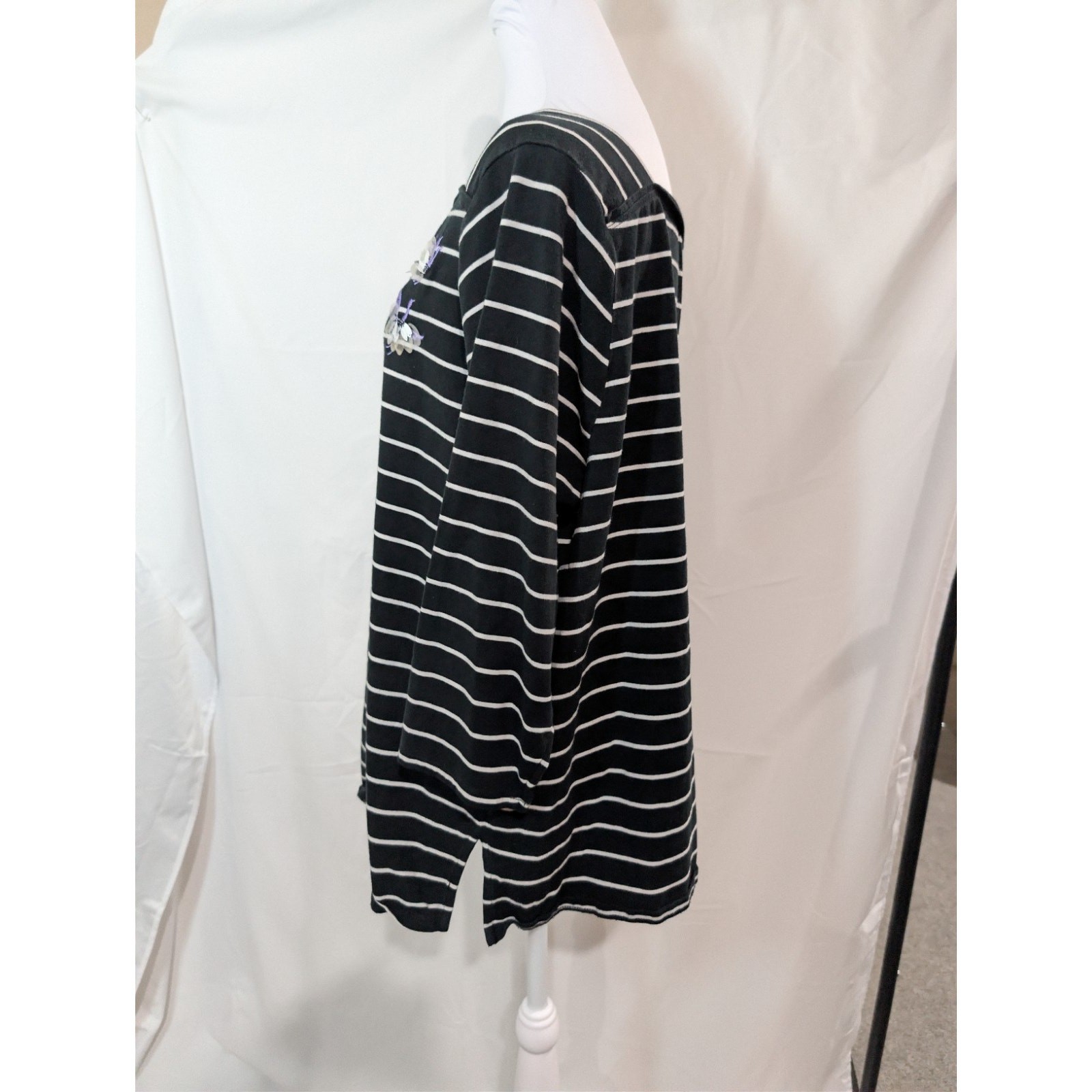 Ava Viv Women’s Striped Top Blouse Shirt Size 2X Black Cotton 3/4 Sleeve Sequins