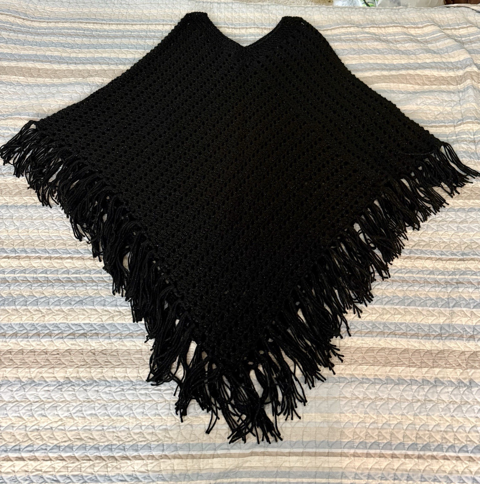 Women’s Sparkly Black Solid Crochet Shawl Wrap Poncho with Fringe Accents