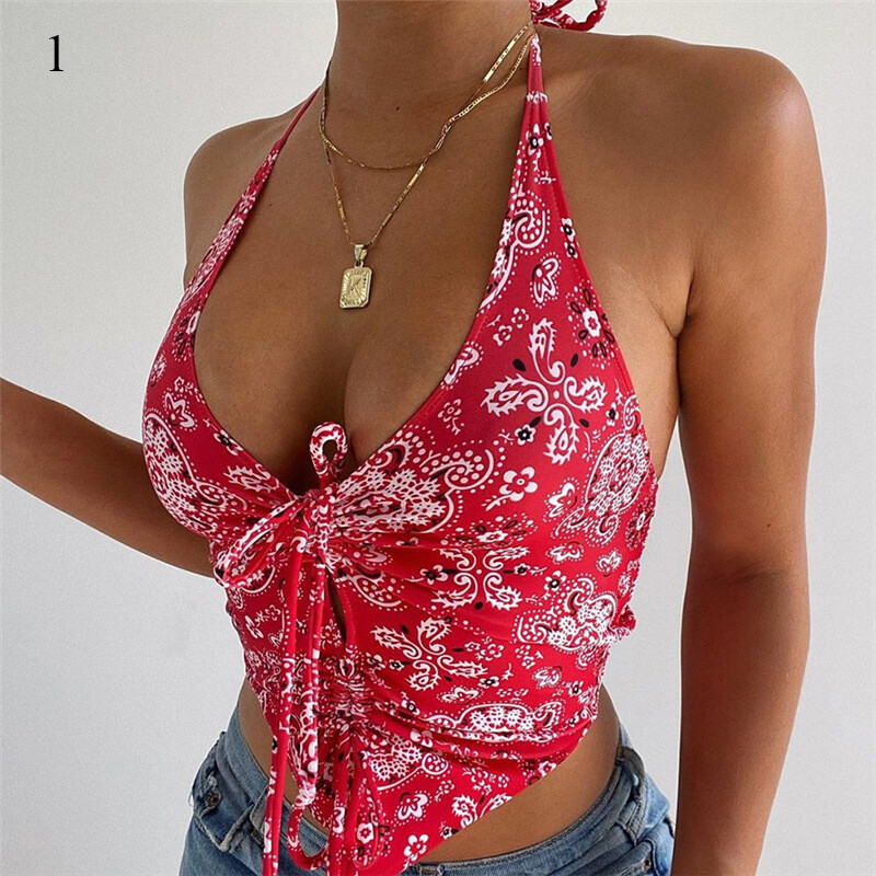 Summer New Women Halter Sexy Low-Cut Fashion Print Slim Tank Top Camisole Vest