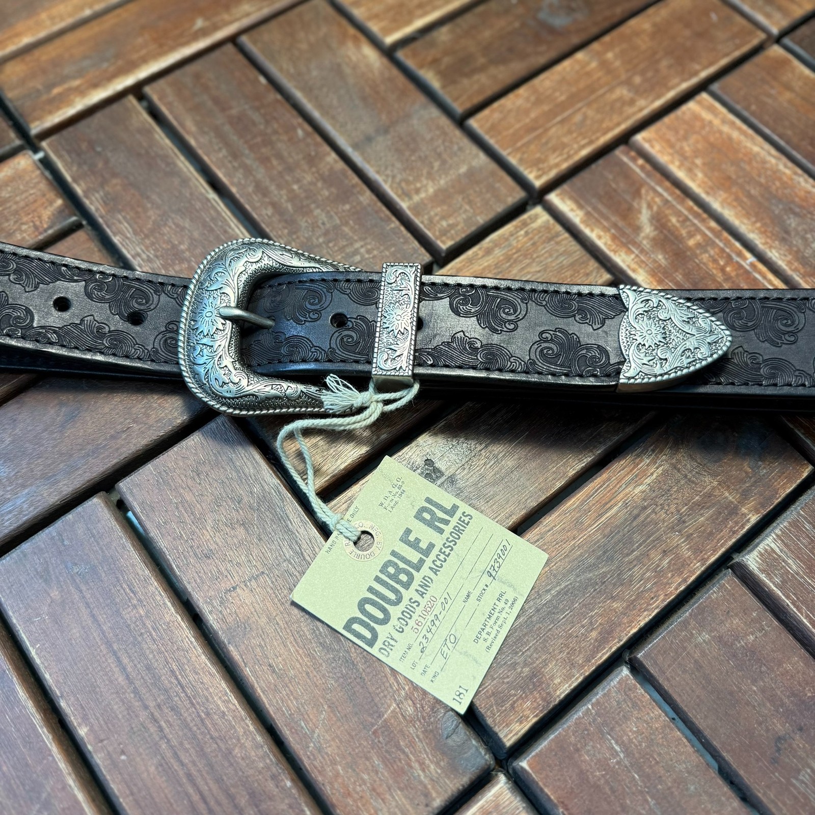 RRL Double RL Leather Belt Western Floral Engraved Silver Buckle Size 34