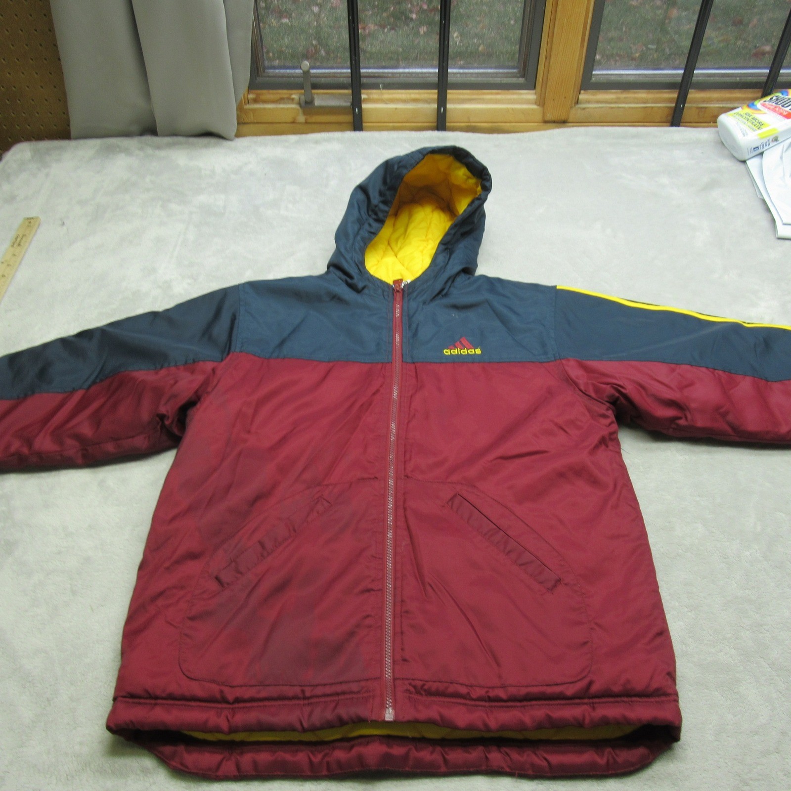 Adidas Jacket Youth Medium Red Pockets Hooded Insulated Quilt Lined Full Zip