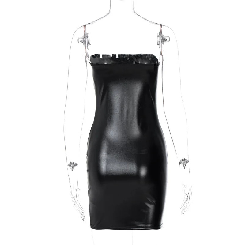Women Sexy Party Strapless Bodycon Pu Leather Slim Package Hip Dress Sundress