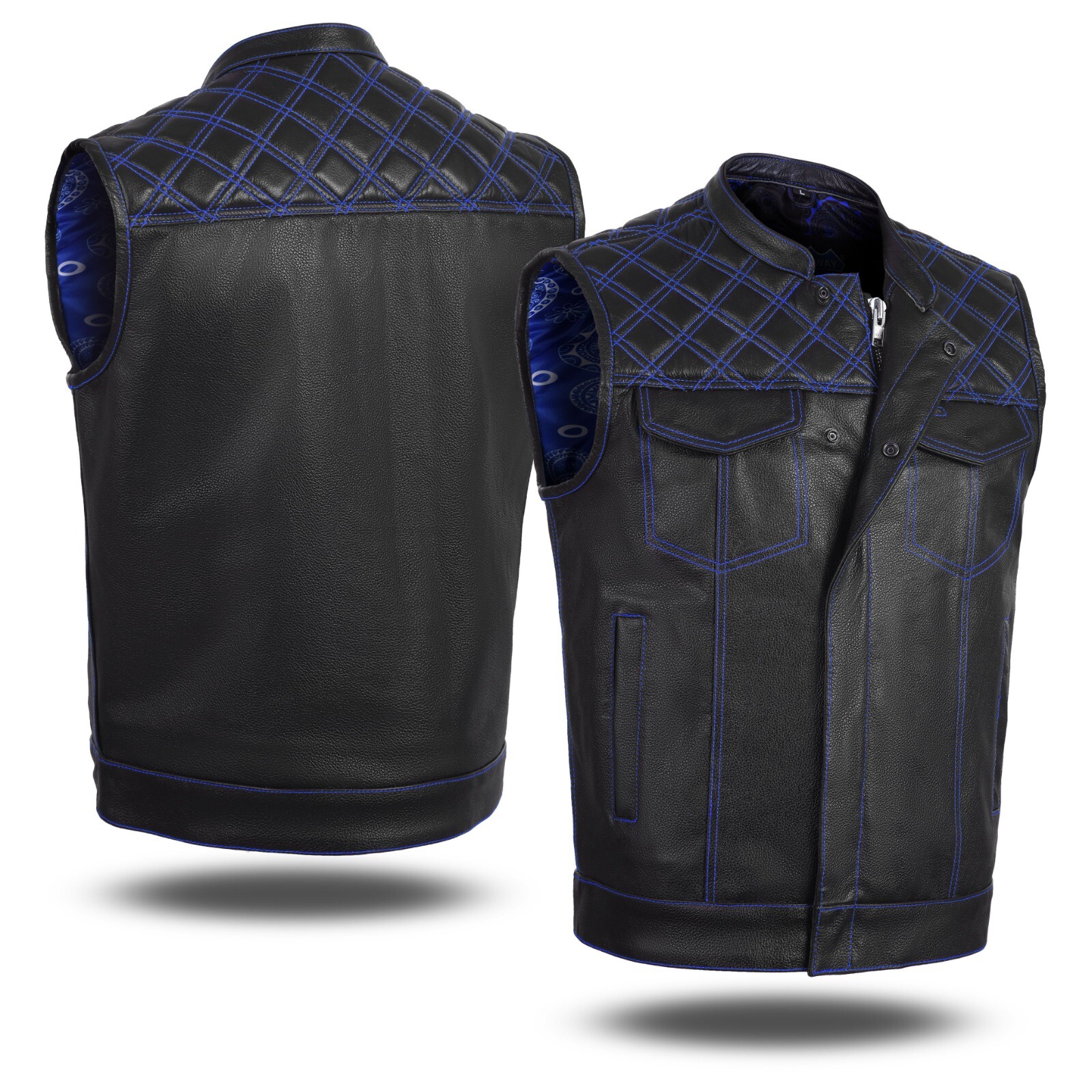 BLUE HL11693SPTBLUE Black Men Cross Stitch Club Leather Vest