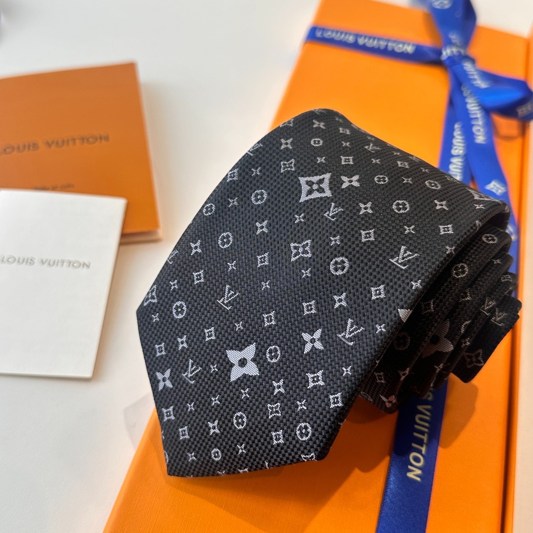 L.V. Paris Designer Silk Tie Black Grey Monogram Pattern Luxury Necktie w/ Box