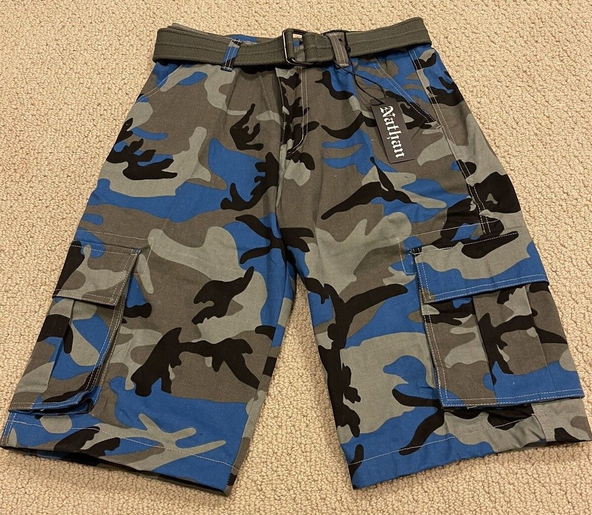 NWT Men’s Nathan Blue Grey Camouflage Camo Belted Cargo Pocket Shorts ALL SIZES