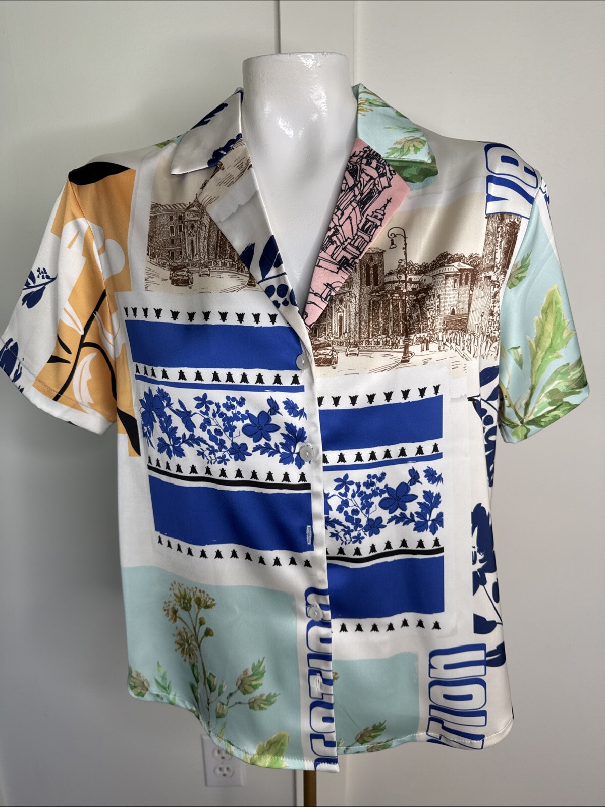 JOIE Womens Size S Multi Print Short Sleeve Button Blouse Polyester Spandex