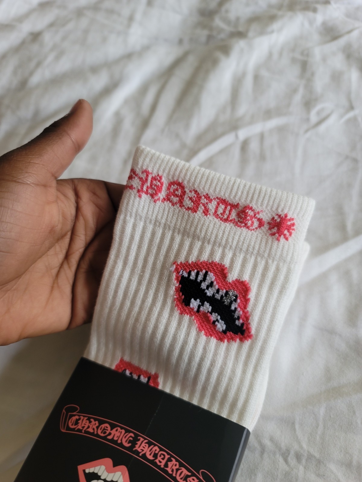 Chrome Hearts White Crew Socks Lips Logo Size L 1 Pair Red Black