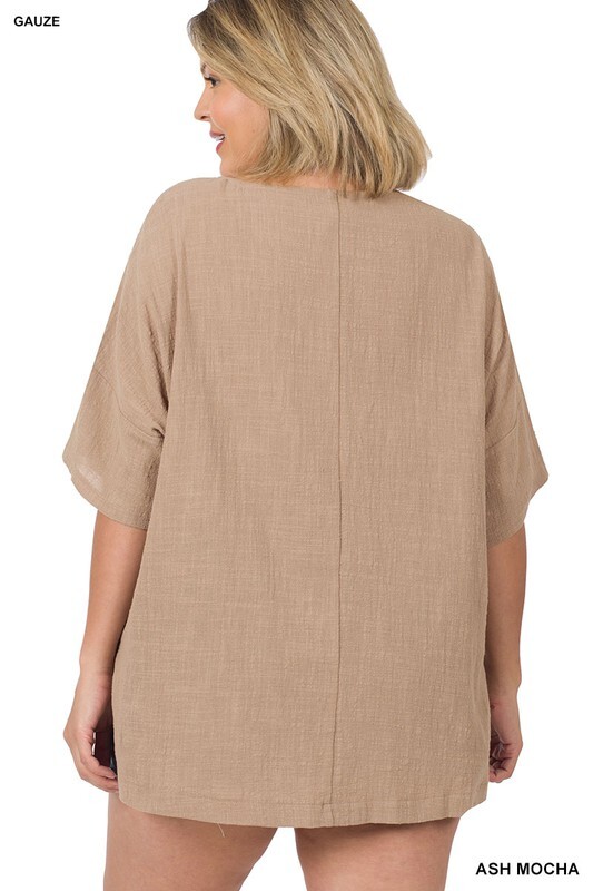 Womens Crinkled Gauze Cotton Short Elbow Sleeve Hi Low Loose Fit Top S-3X