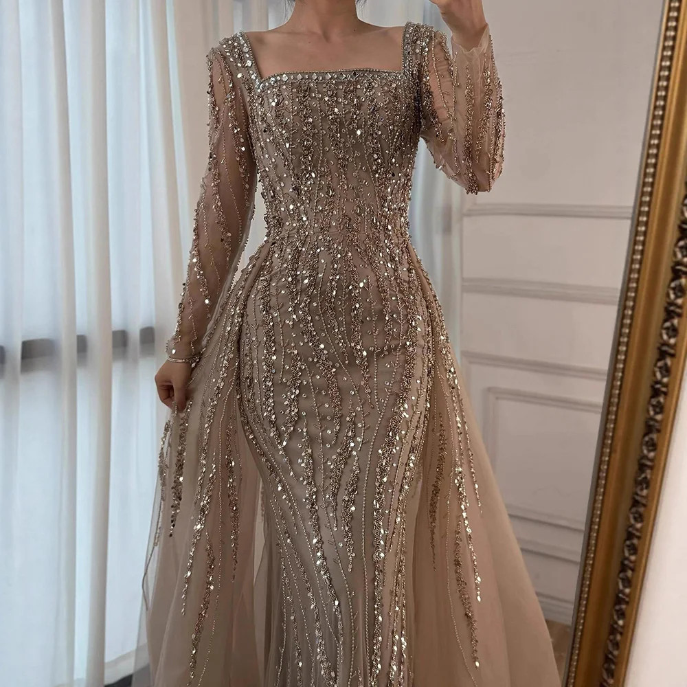 Arabian Caramel Beaded Mermaid Evening Gown with Luxury Formal Dress –