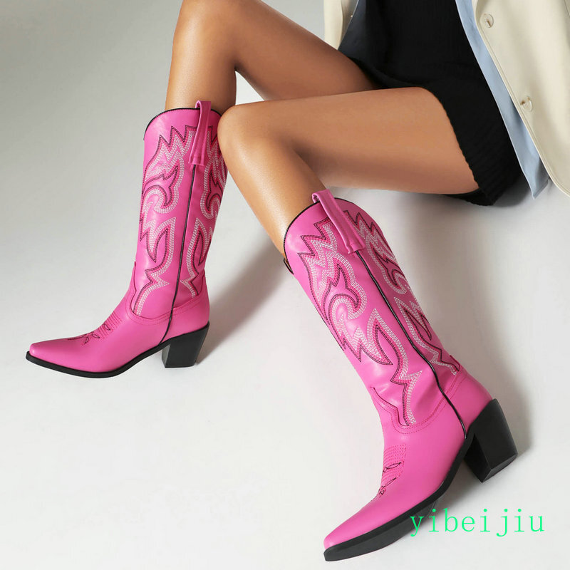 Women’s Western Cowboy Mid Calf Boot Embroidery Sweet Candy Heel Leather Shoes