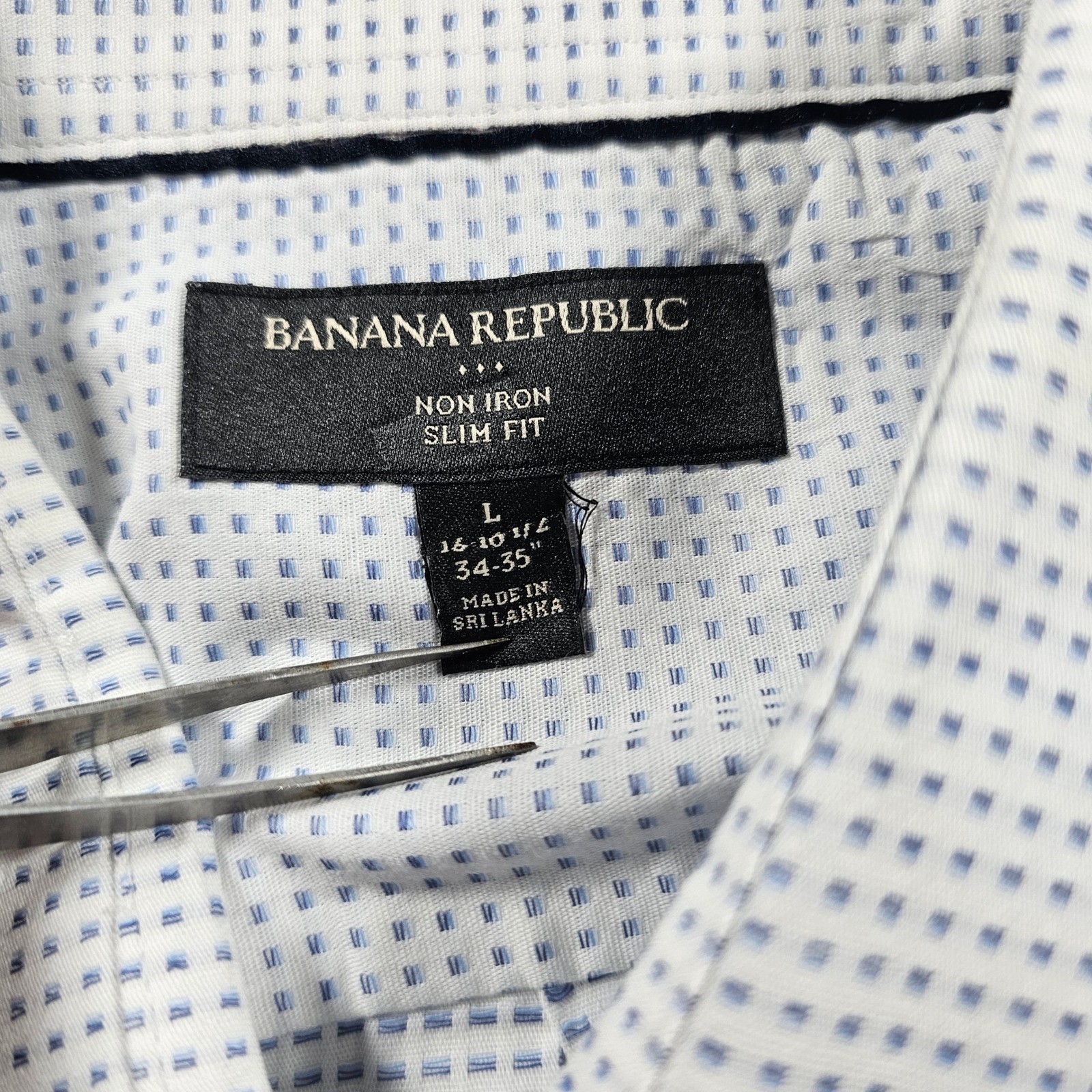 Banana Republic Mens Non Iron Slim Fit Dress Shirt Blue White Pattern L 16-16.5