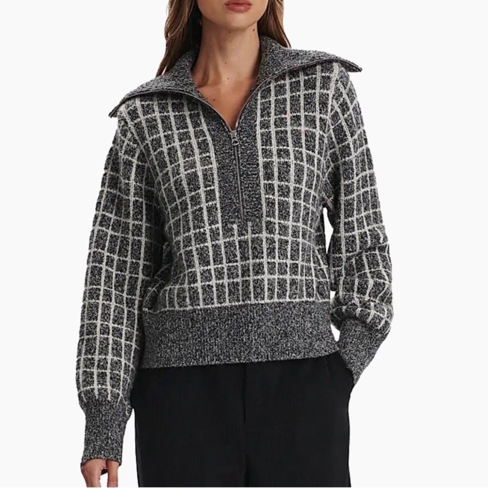 NWT Varley Furley Half Zip Knit Gray White Plaid Medium