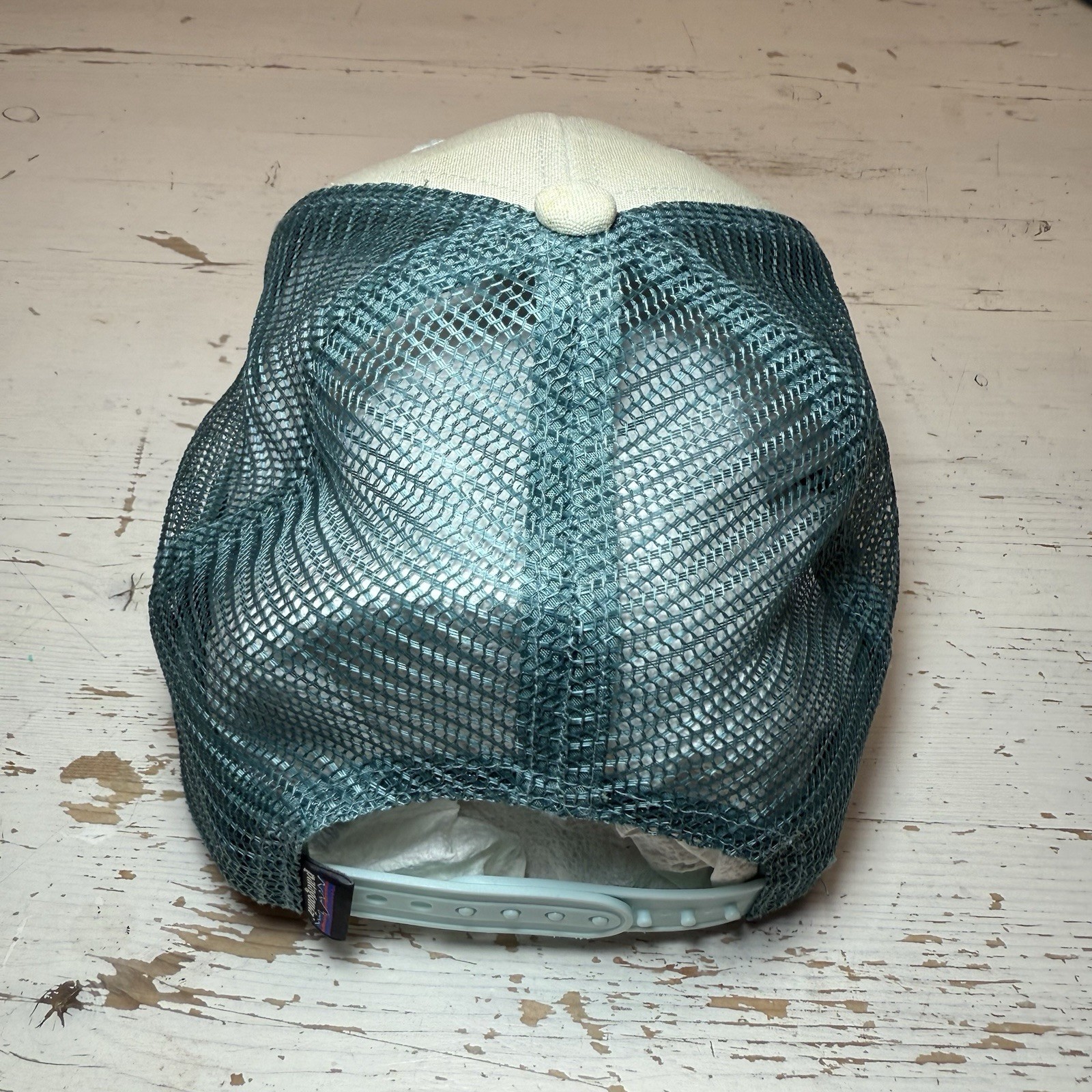 Patagonia Embroidered Spellout Mesh Lo Pro Trucker Hat Blue White
