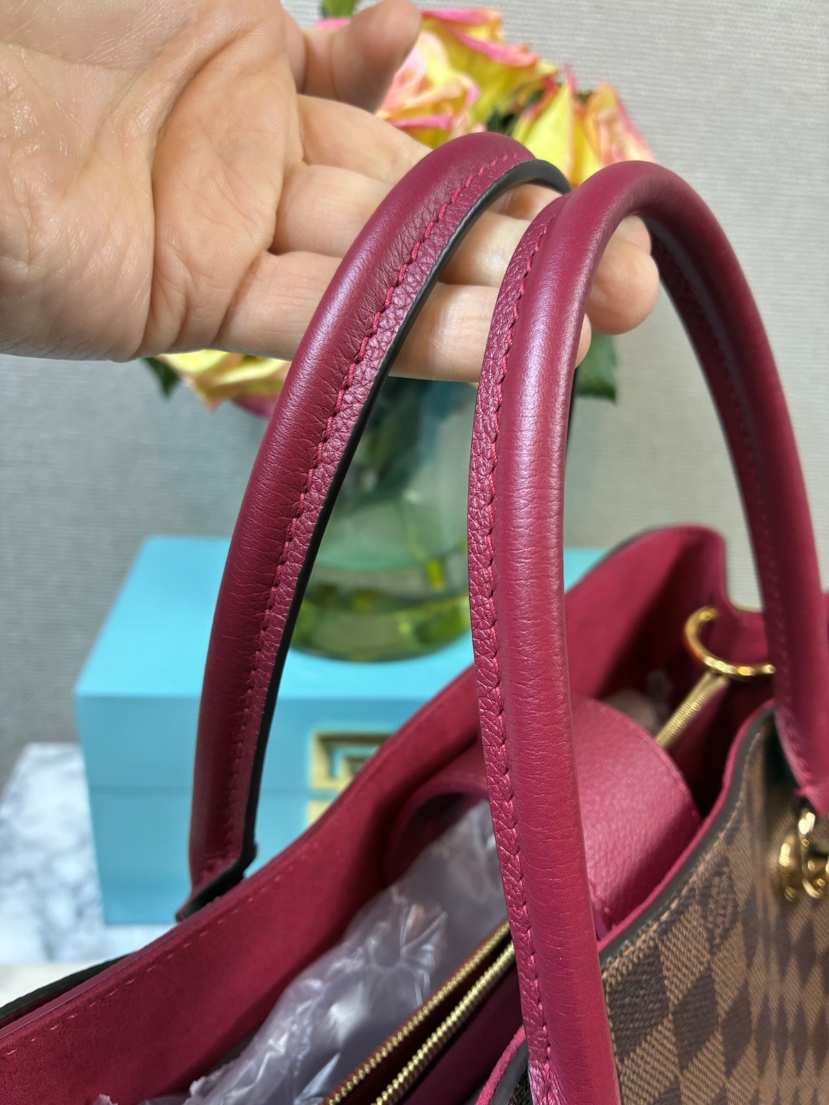 Louis Vuitton LV Damier Ebene Riverside Tote w/ Magenta Leather & LV Charm – NWT