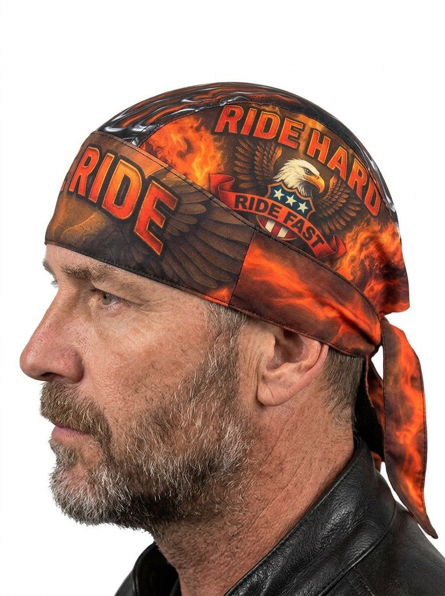 Black Orange Ride Hard Fast Platinum Durag Doo Rag Skull Cap Sweatband Biker