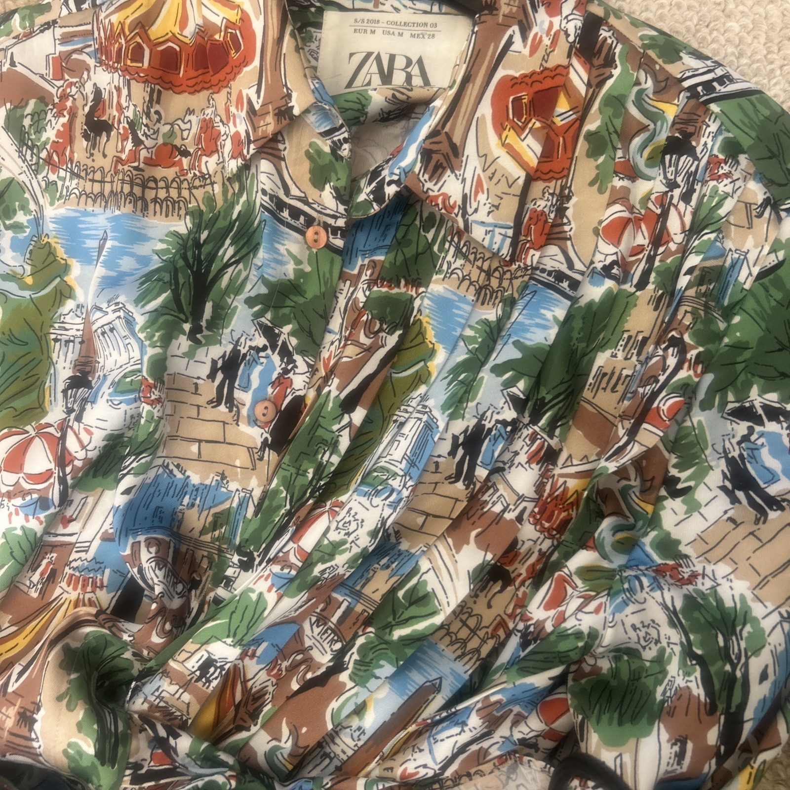 Zara Studio Paris Print Shirt Satin Dress Size M 12-14