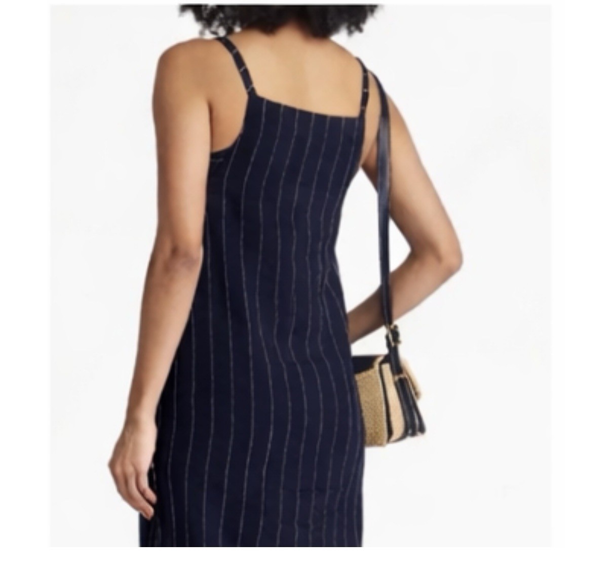 Navy Pinstripe Midi Dress Fully Lined Minimalist Pullover Designer Style M