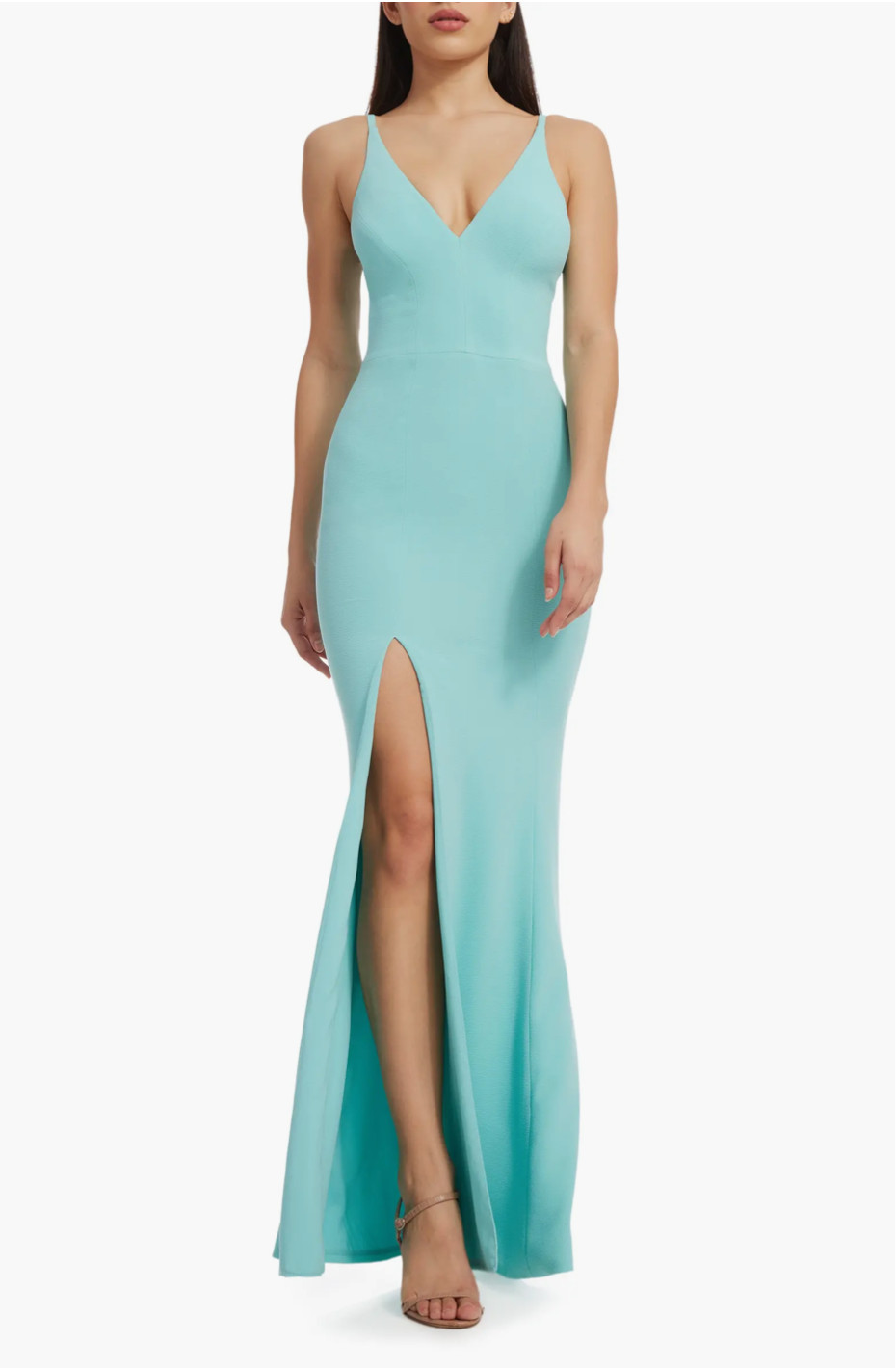 NEW DRESS THE POPULATION Tranquil Blue PLUNGE NECK Iris SLIT Crepe GOWN S