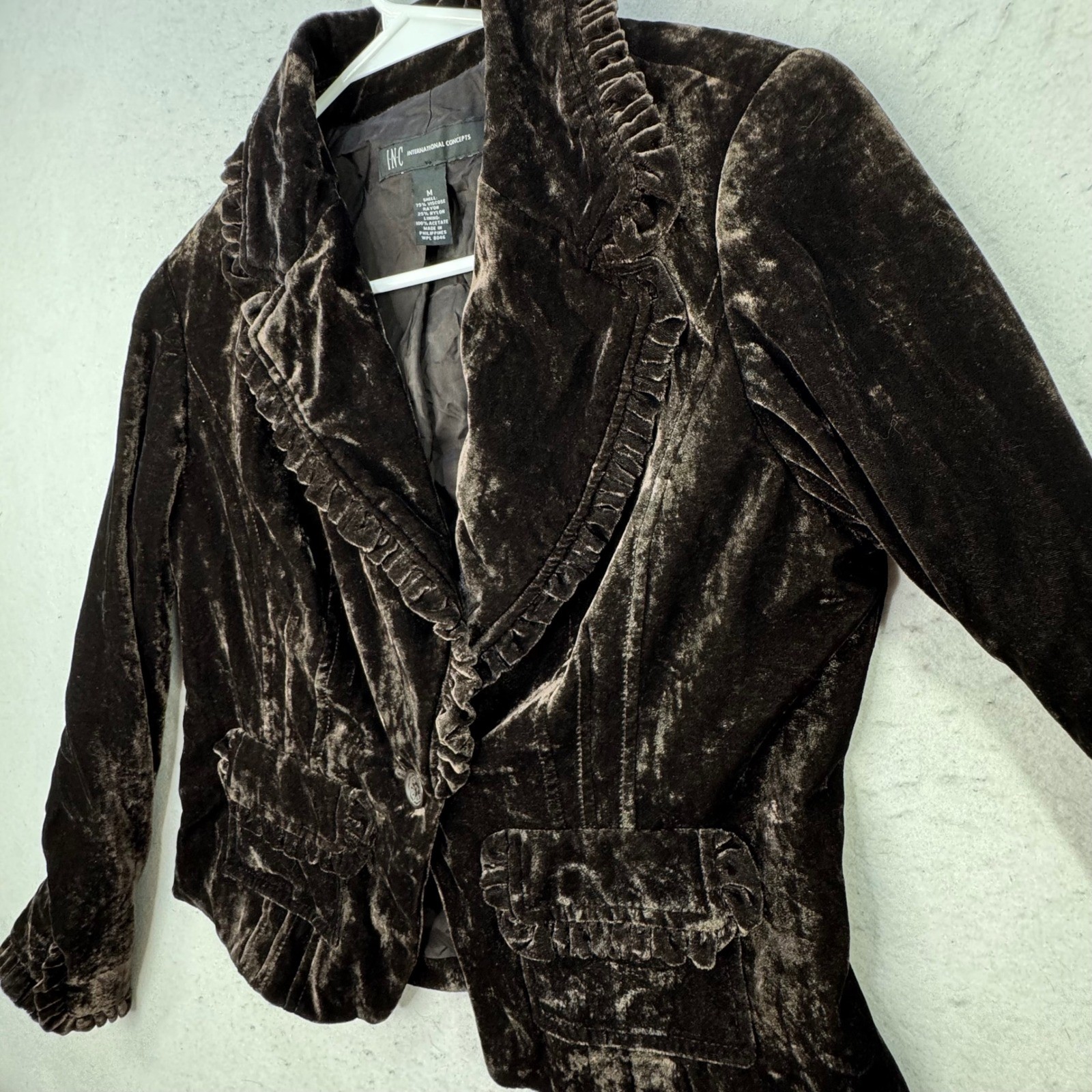 INC Velvet Blazer Womens Medium Brown Ruffle Trim Victorian Goth Jacket