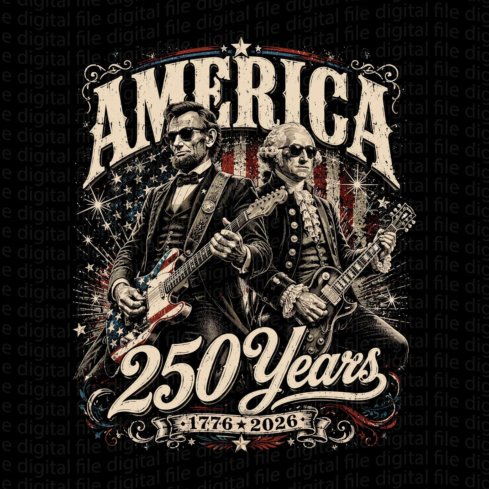 250 Years America Anniversary PNG, George Washington & Lincoln Playing Guitar, F