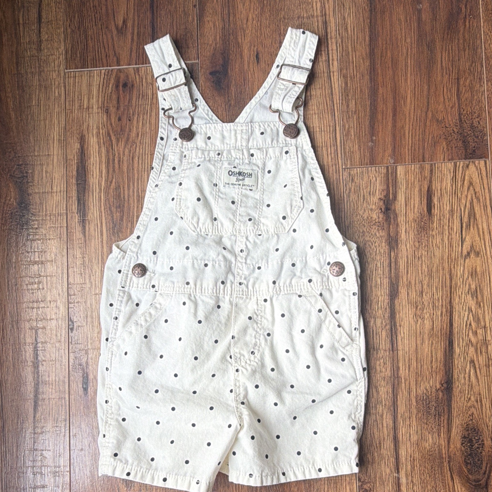 OshKosh B’gosh Girls 3T White/Black Polka Dot Denim Shortalls Pockets