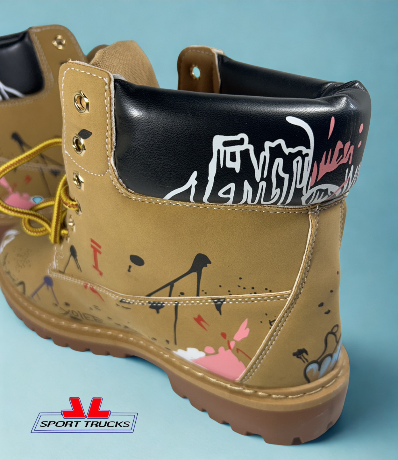 Men’s Brown Lace-Up Boots Size 9 US – Graphic Design Faux Leather Casual Fashion