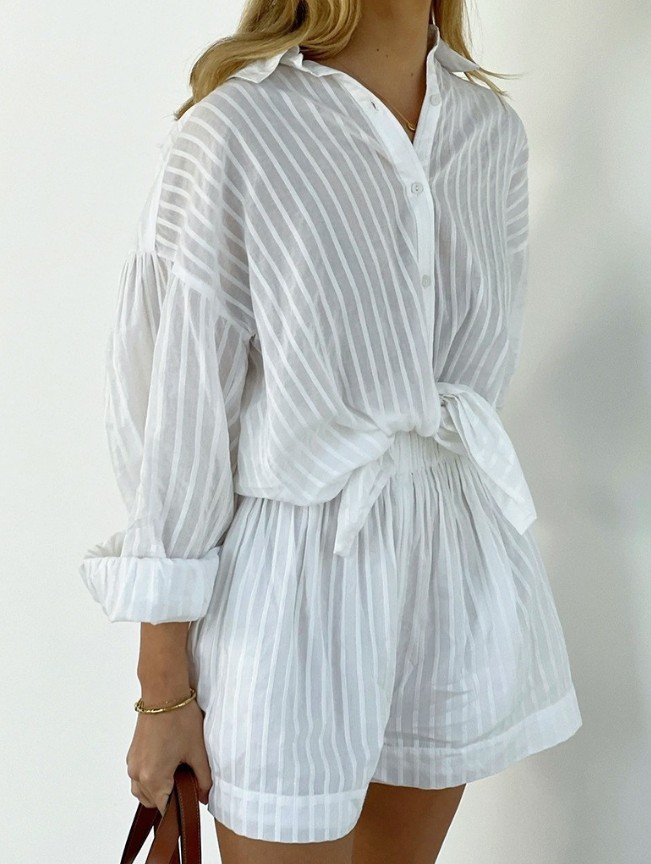 Women Striped 2 Piece Outfit Long Sleeve Button Down Shirt + Casual Short Set