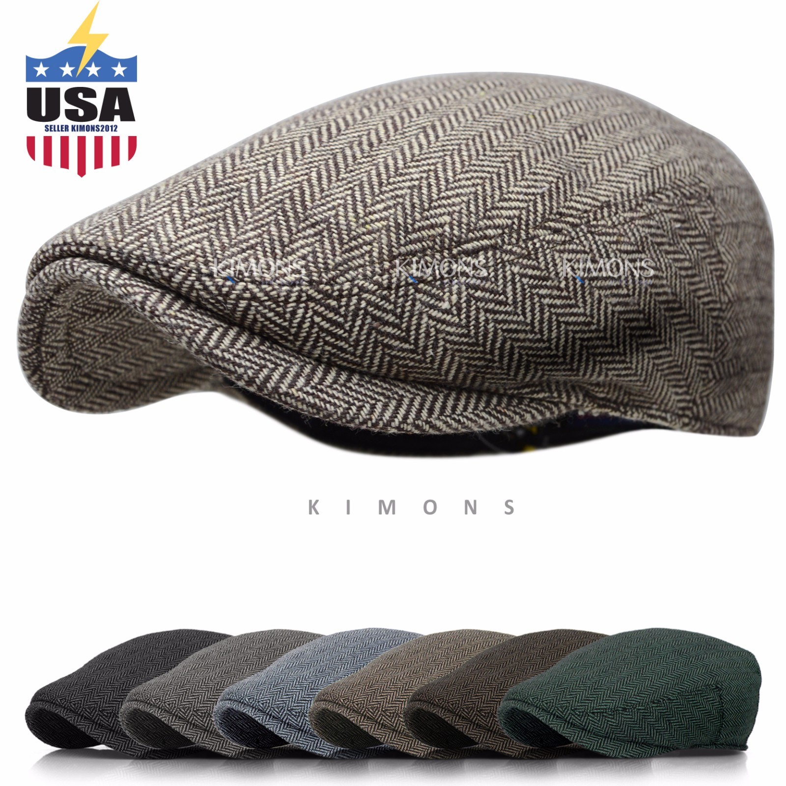 EM Herringbone Ivy Hat Wool Stripe Gatsby Cap Golf Driving Flat Cabbie Newsboy