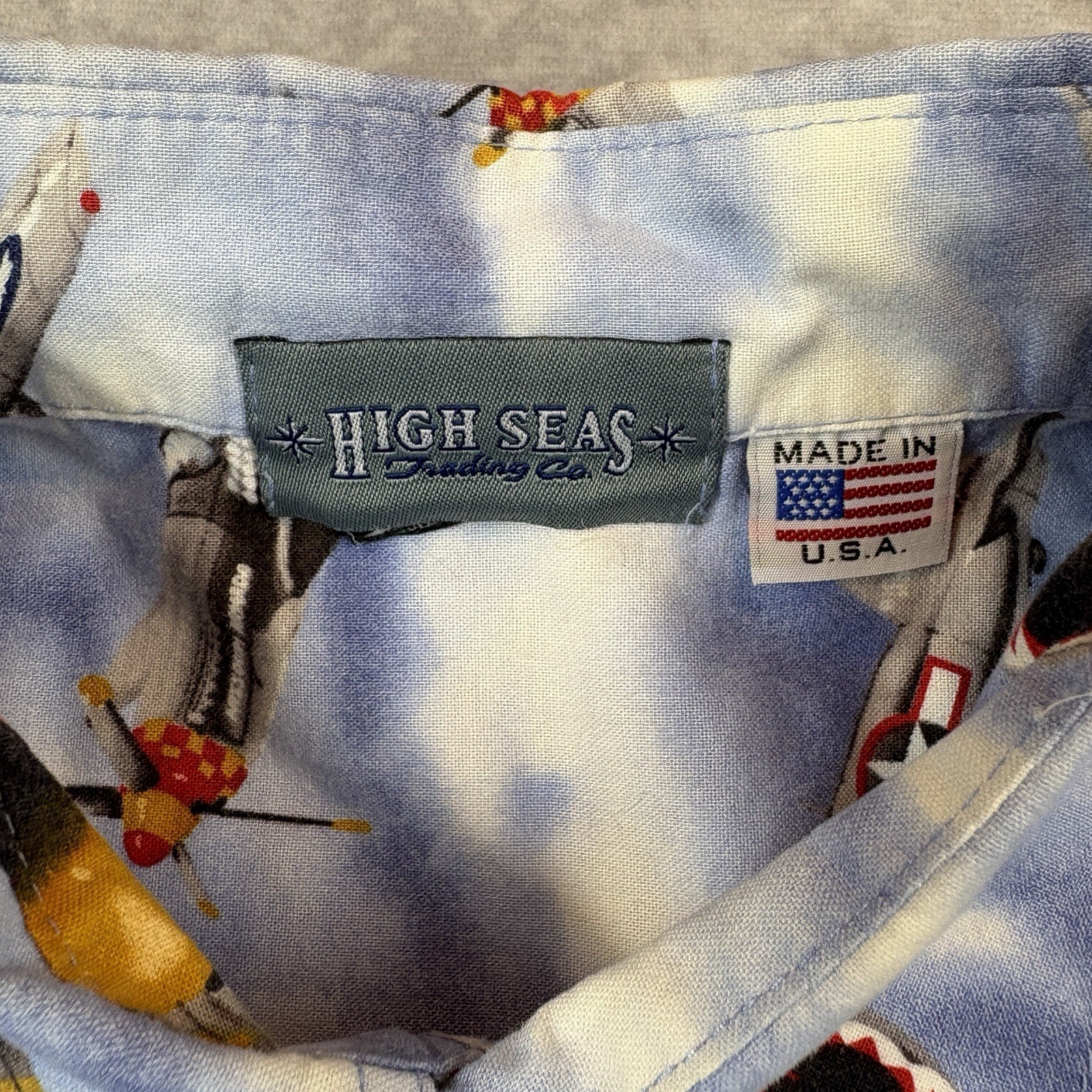 High Seas Trading Co Button Up Shirt Mens XL Blue Fighter Planes World War USA