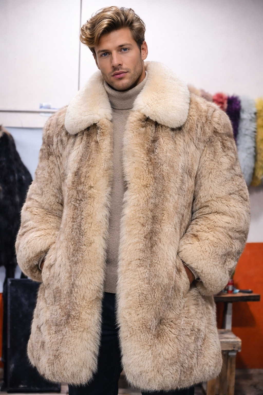 Men’s Real Beige blue Fox Fur Coat – Luxurious Warmth and Style