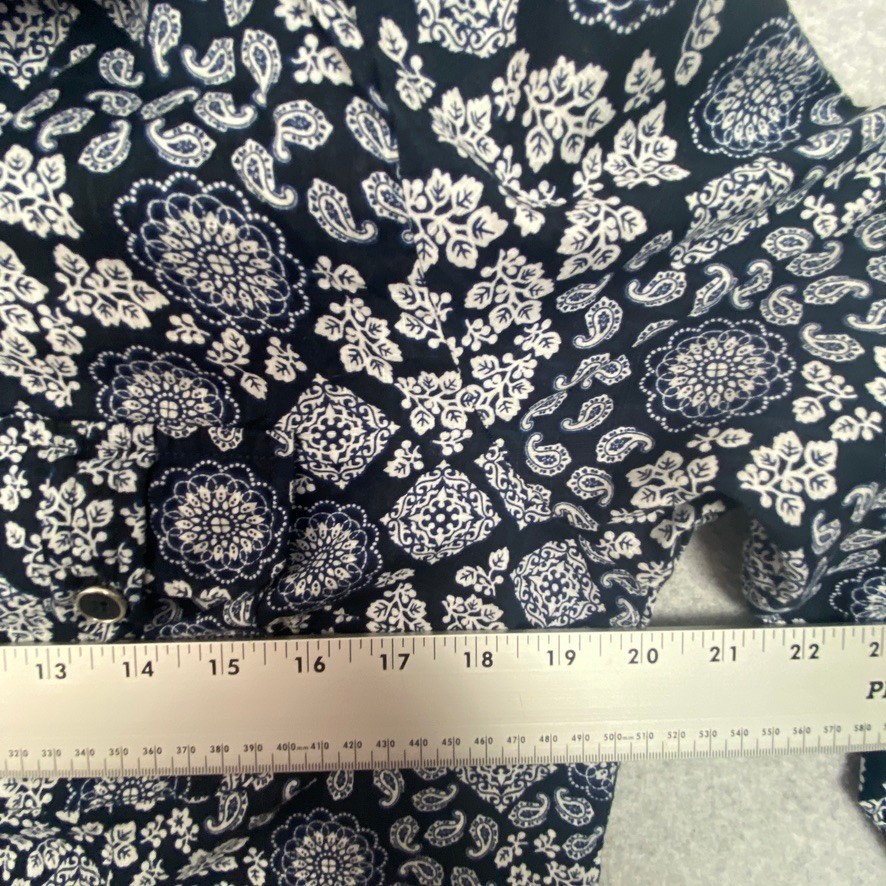 Karen Scott Top Womens Medium Navy Paisley Roll Tab Sleeve Button Up Shirt Boho