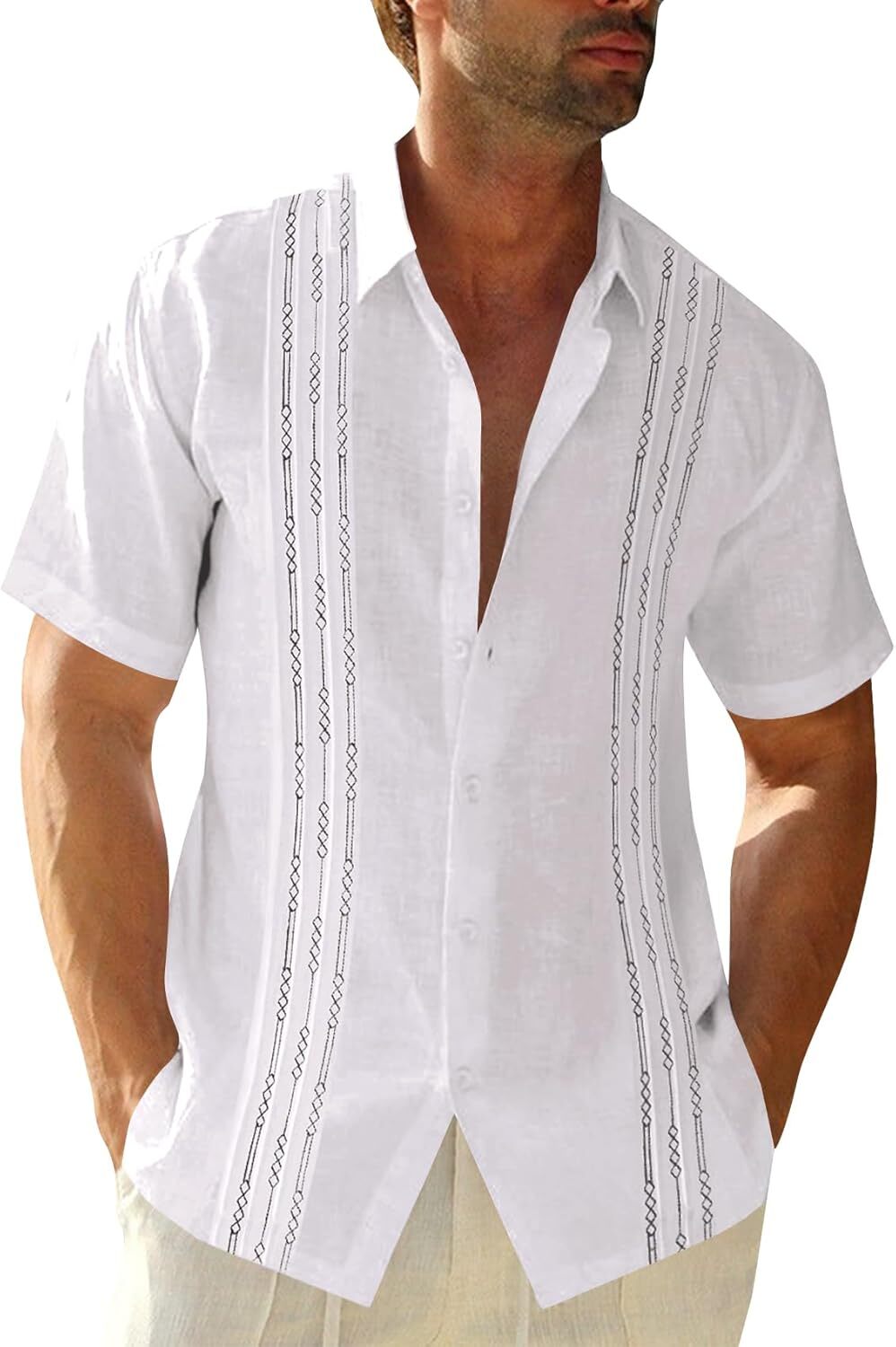 Mens Guayabera Shirt Linen Cotton Embroidered Short Sleeve Cuban Wedding Beach