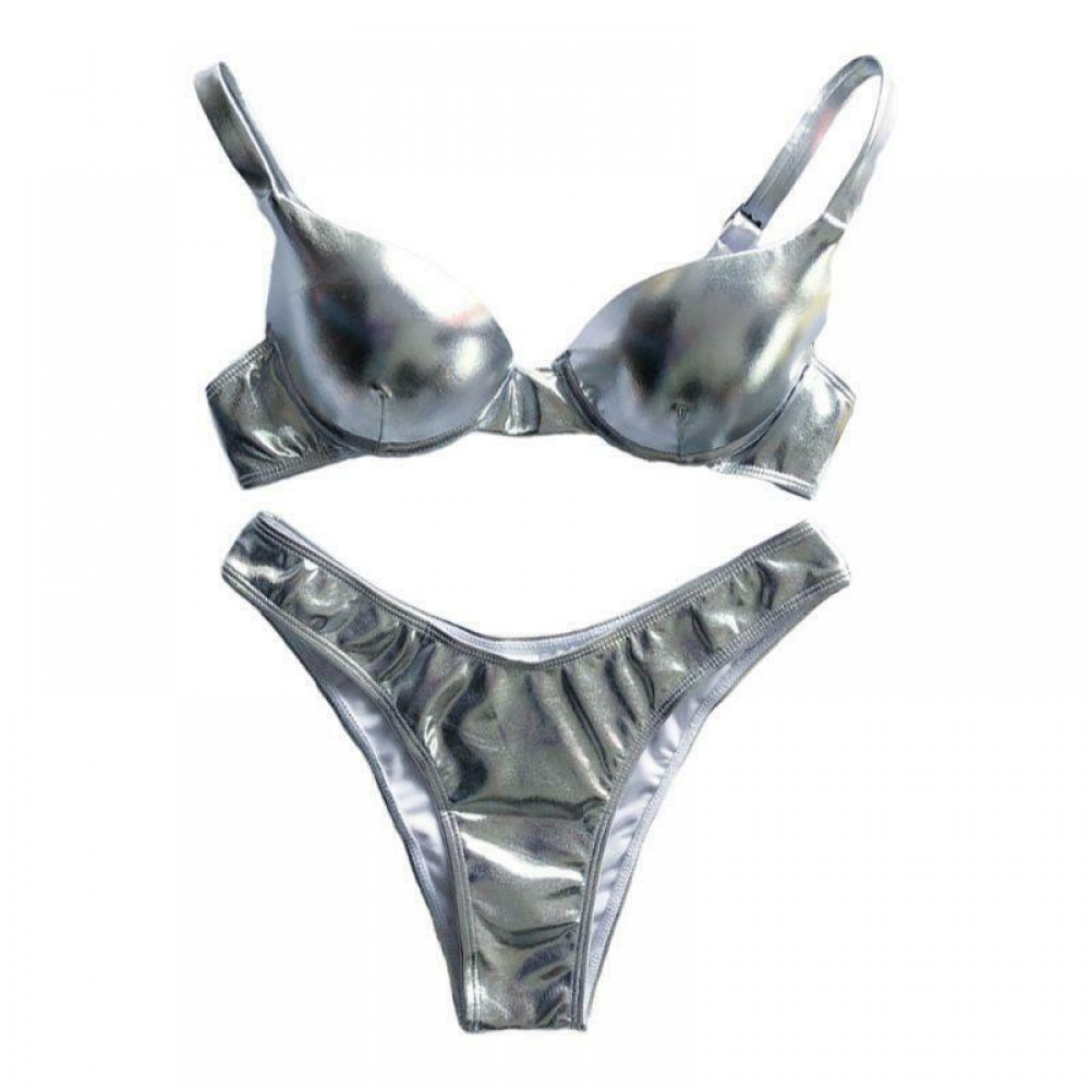 Women Sexy Bikini Reflective Shiny Metallic Swimsuit Push Up Underwire Beachwear
