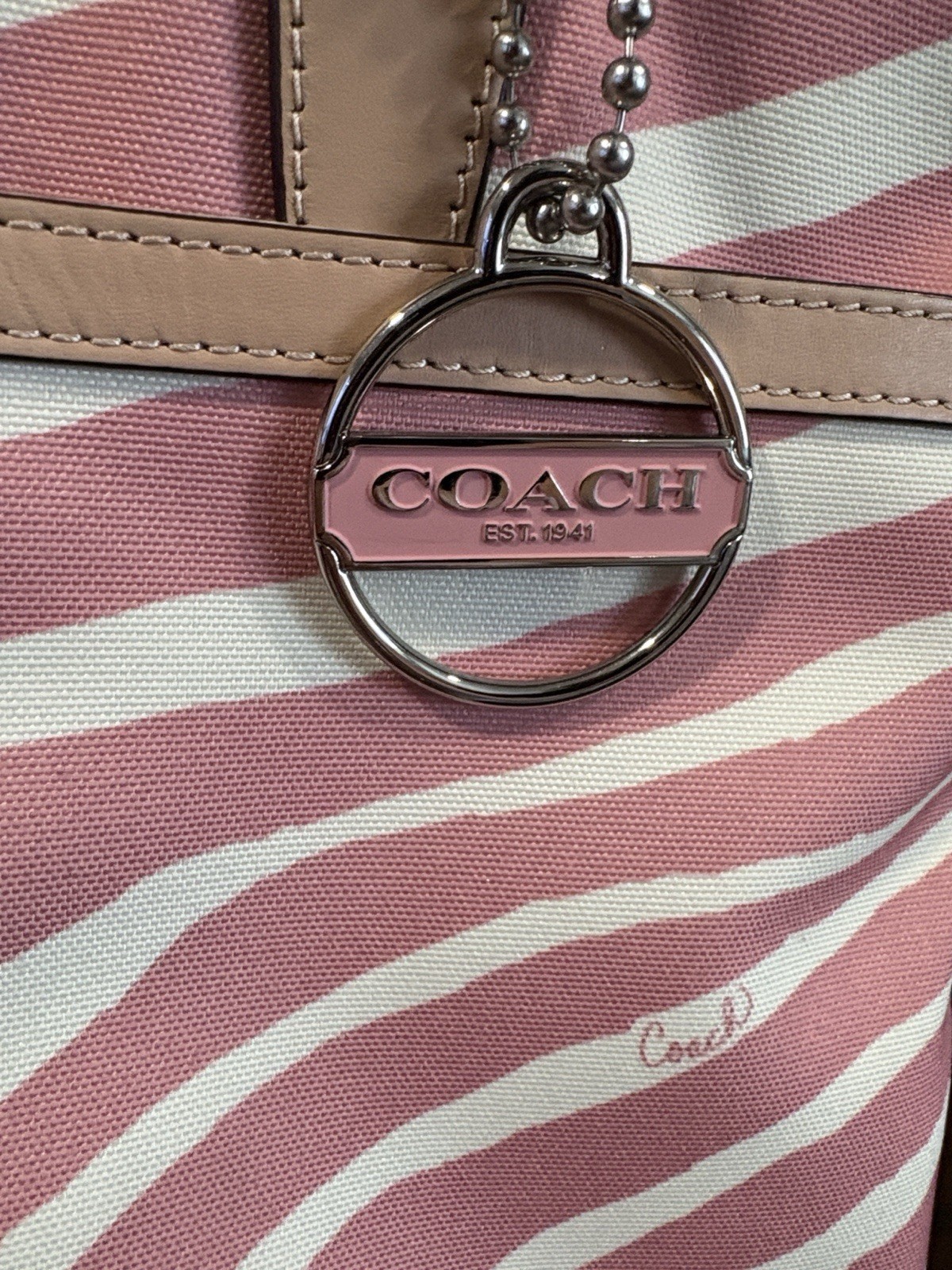 Coach Pink White Zebra Print Tote Bag Zip Closure Double Handles Bag Charm