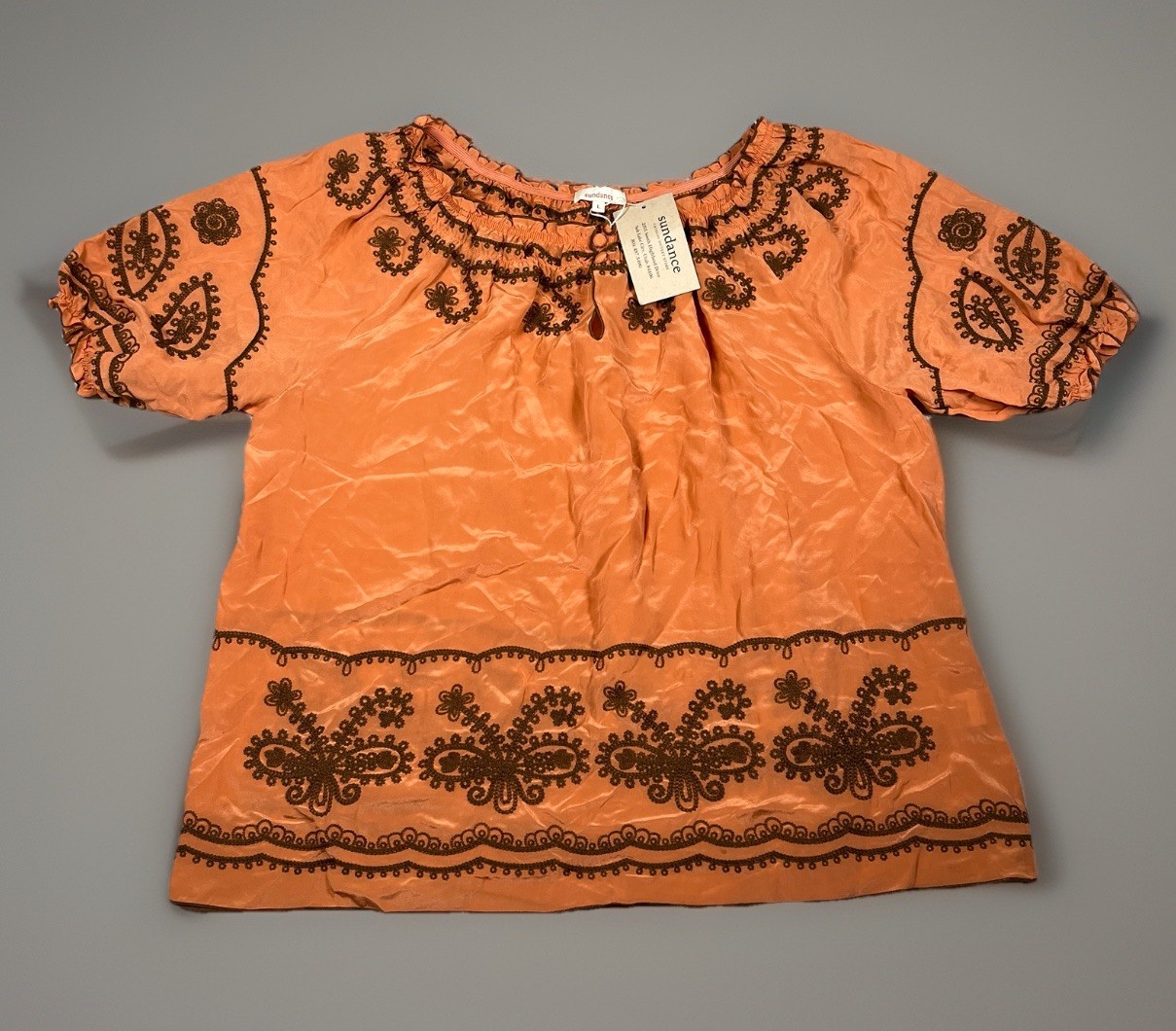 NWT-Sundance Embroidered 100% Silk Short Sleeve Blouse Women Large Top