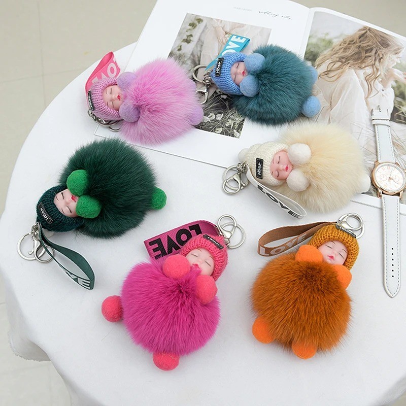 Cute Fluffy Pom Pom Plush Keychain Sleeping Baby Doll Bag Charm Gift for Women