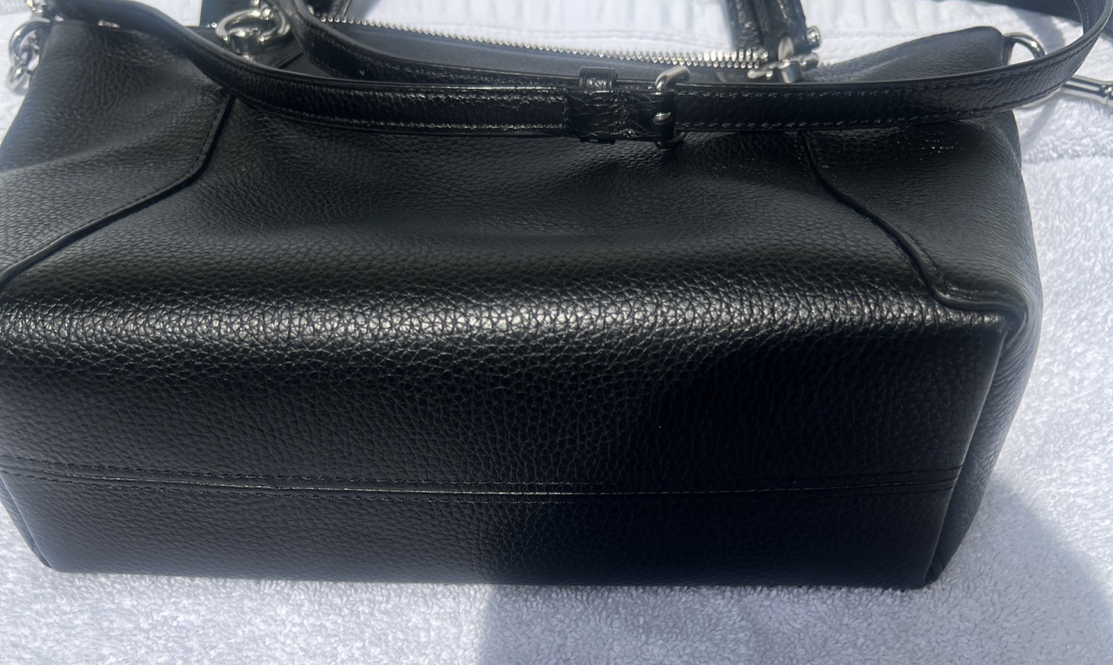 Coach Crossbody Bag Black Pebble Leather black Interior with silver hardware.