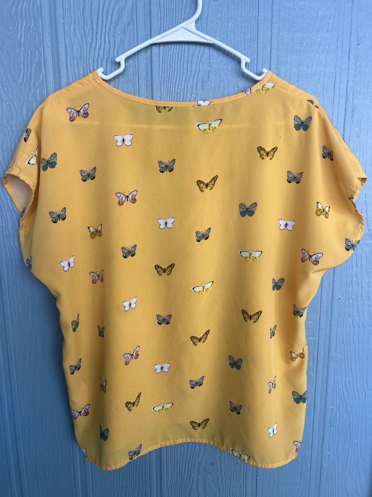 SHEIN Women’s Yellow Butterfly Print Round Neck Short Sleeve Blouse Size L