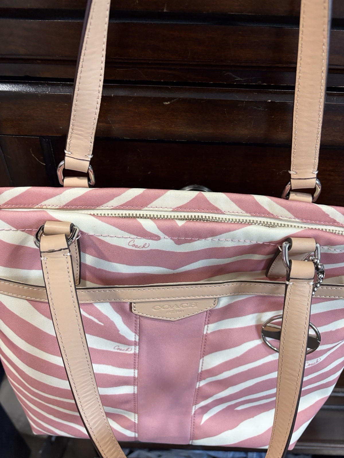 Coach Pink White Zebra Print Tote Bag Zip Closure Double Handles Bag Charm