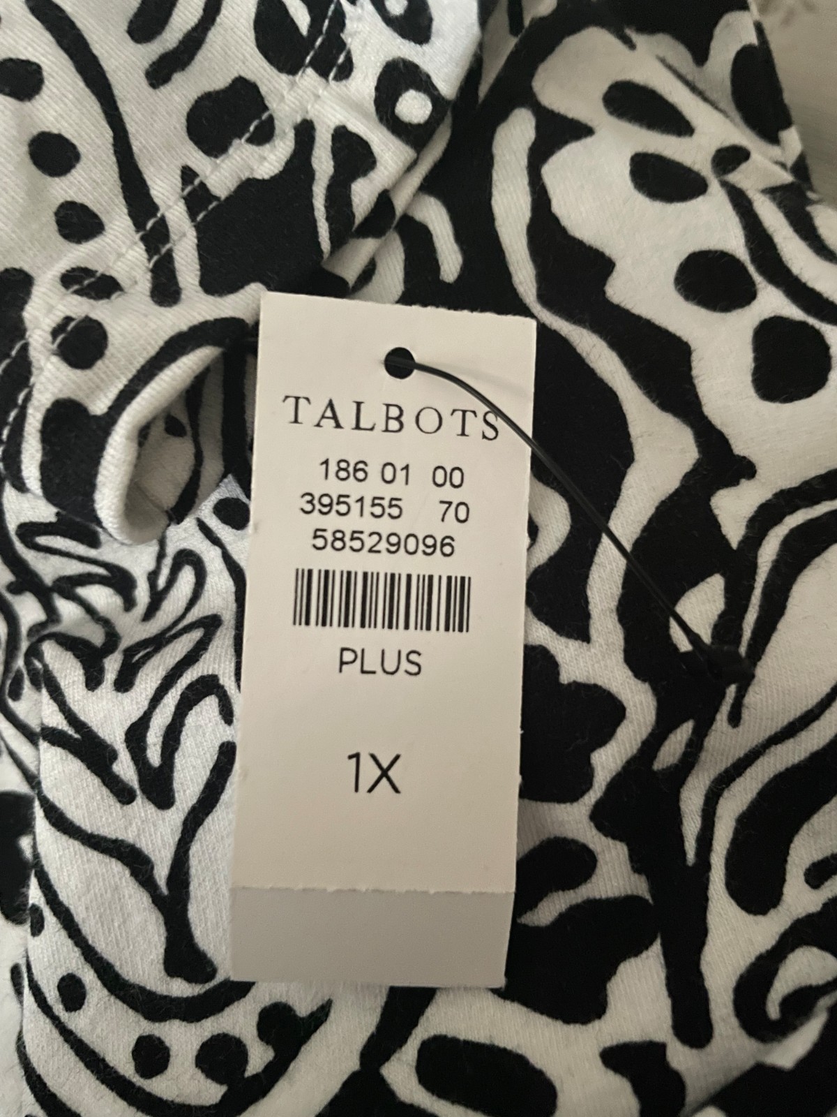 Talbots 1X Black and White Paisley Swirl 3/4 Sleeve Top NWT