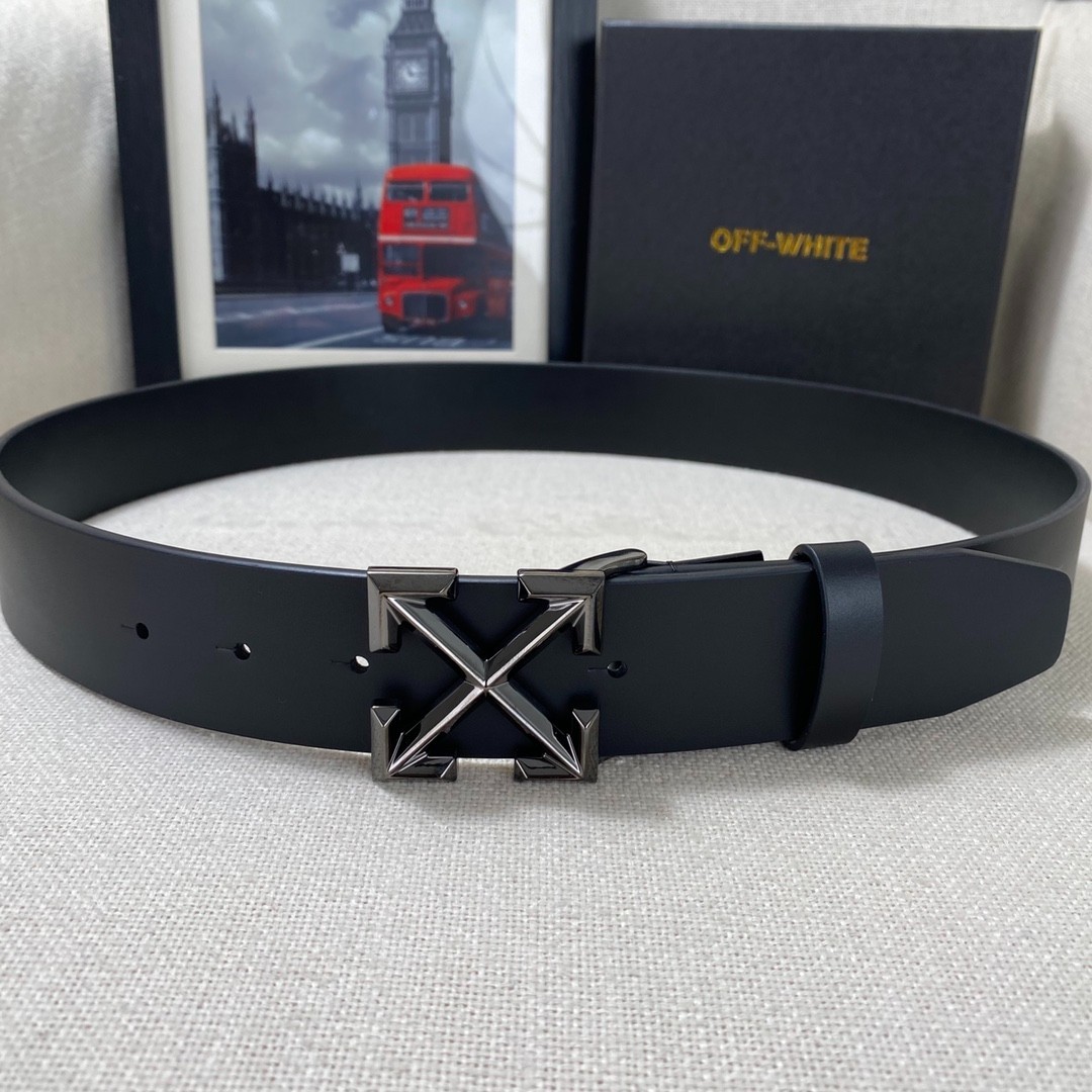 Authentic Off-White Men’s Leather Belt 3.8cm/1.5″ Width Dark Black/New