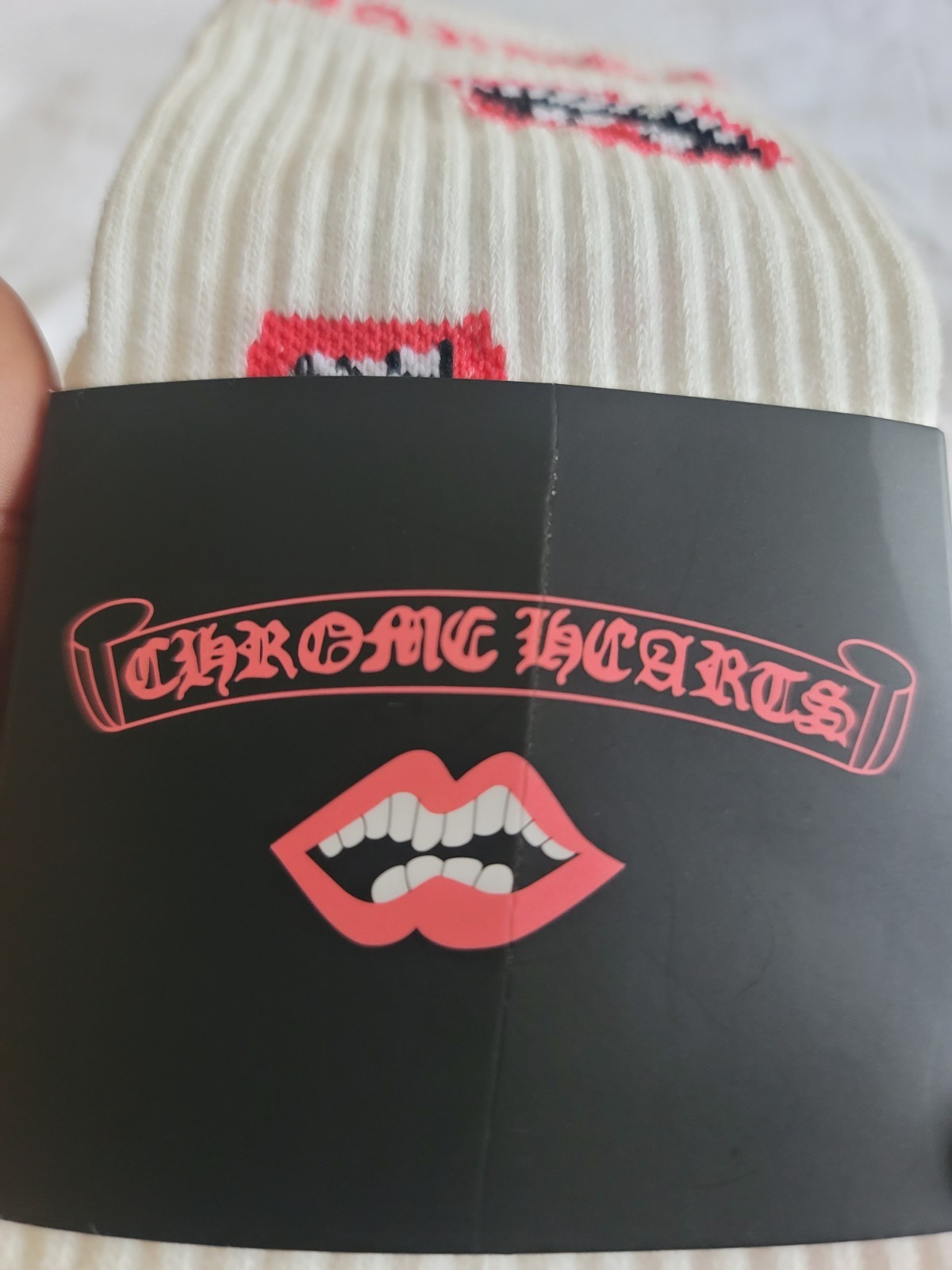 Chrome Hearts White Crew Socks Lips Logo Size L 1 Pair Red Black