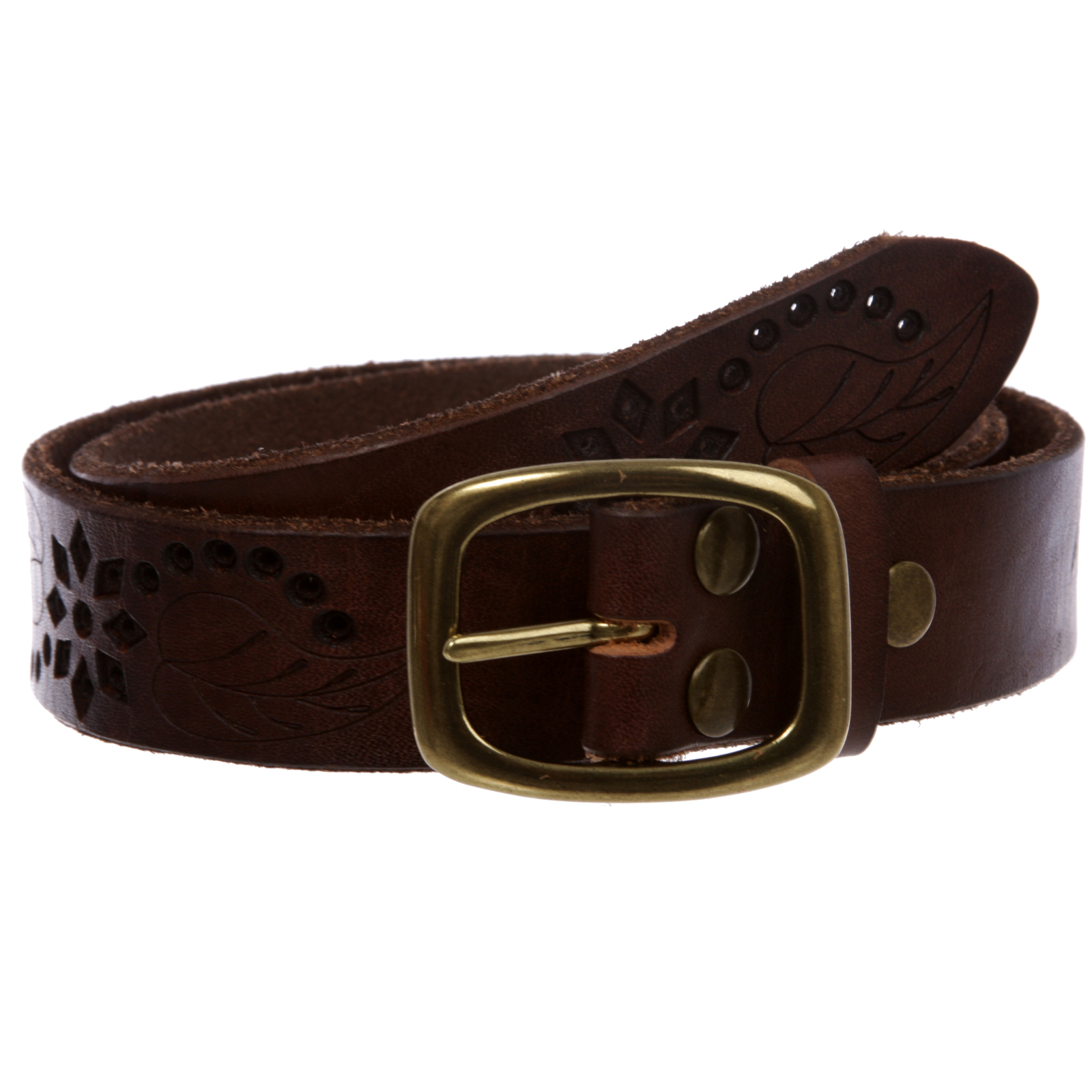 1-1/4″ Perforated Oval Embossed Casual Vintage Leather Jean Belt