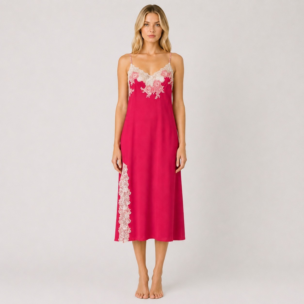 Natori Enchant Lace Slit nightgown chemise Slip Dress Hot Pink Size Small