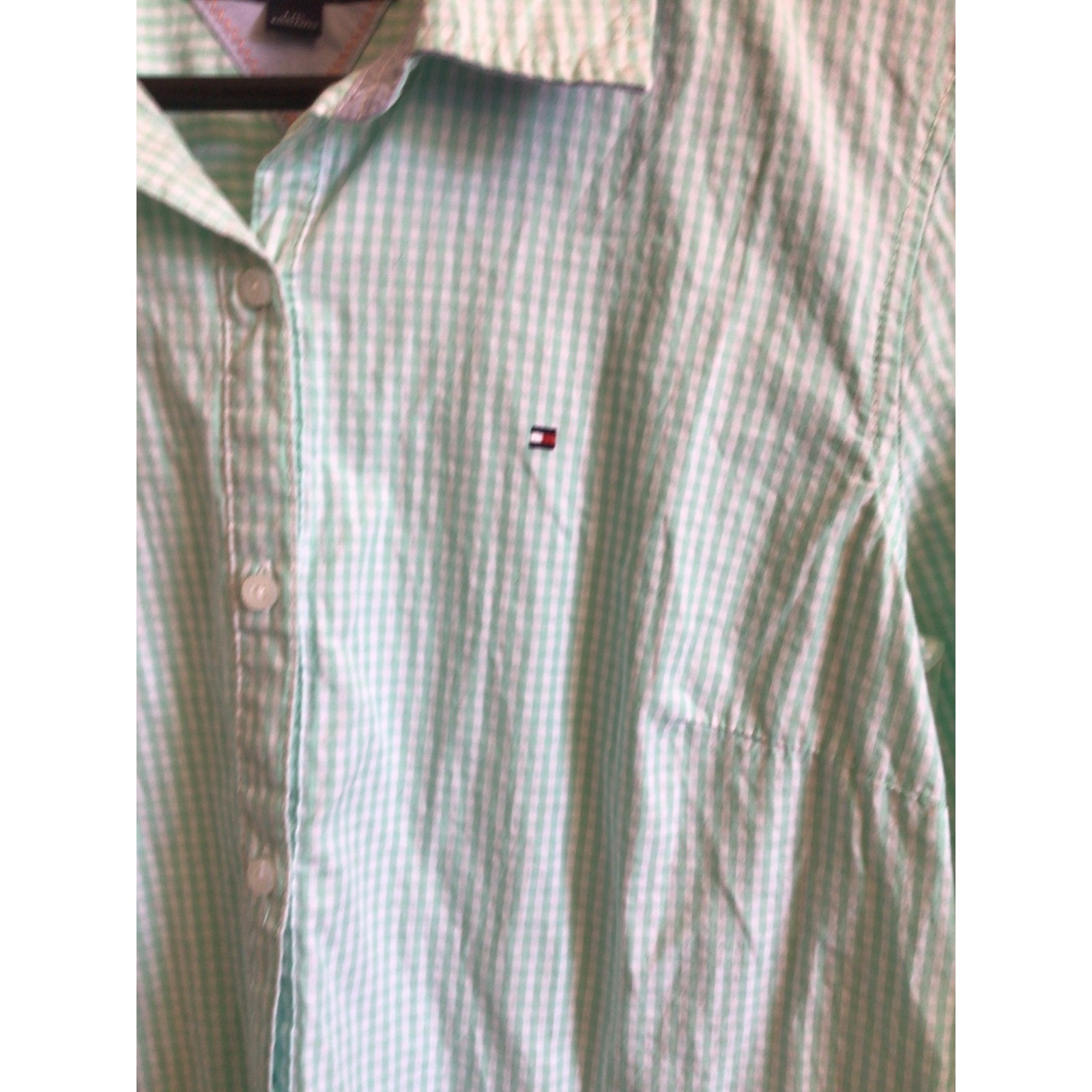 Tommy Hilfiger Women’s Large Mint Green Gingham Button Down Shirt 100% Cotton
