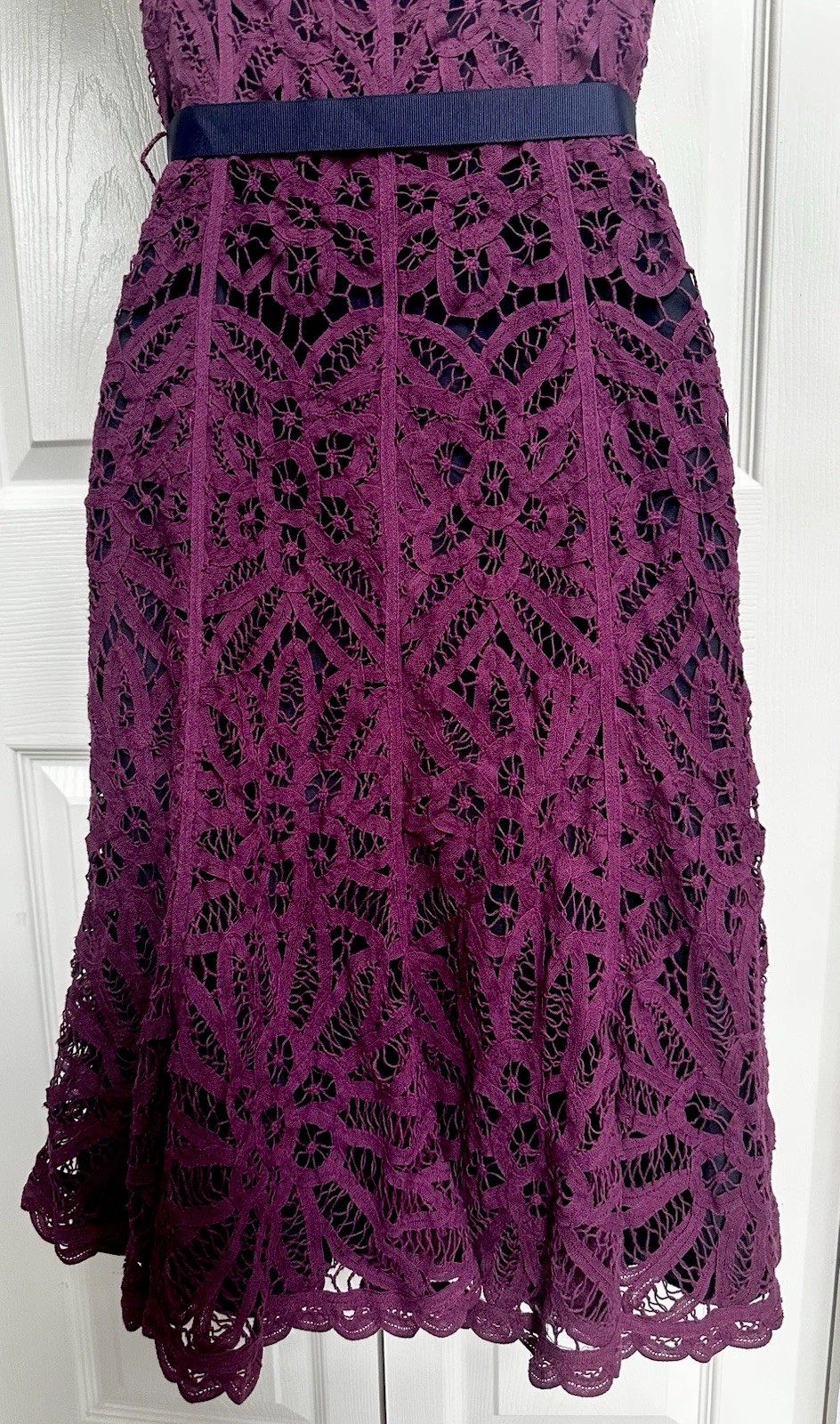 Betsey Johnson 1990s SZ 4 Purple Crochet Lace Overlay Over Navy Silk Navy Trim